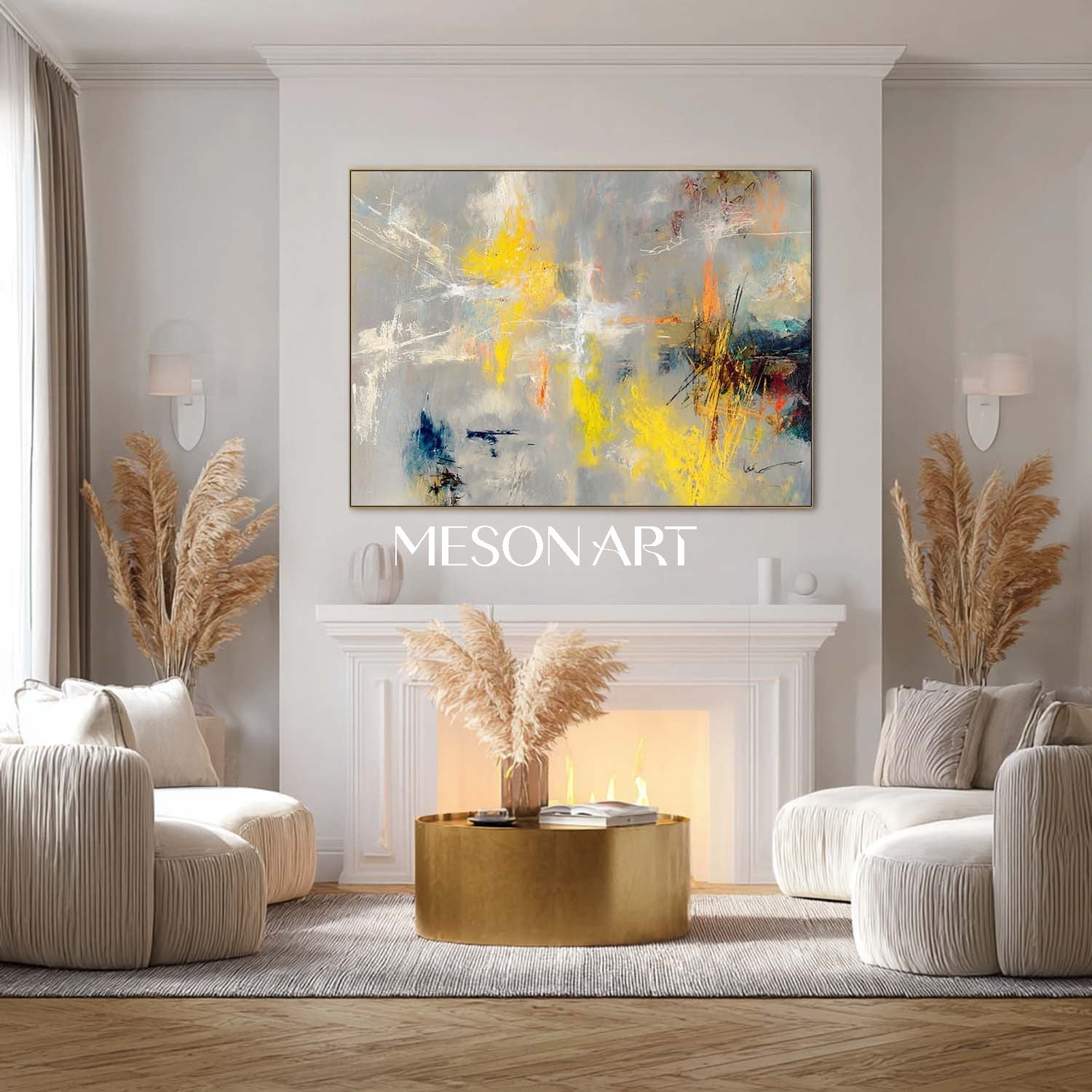 Gray Gold Contemporary Hand-Painted Canvas Oversized Bedroom Wall Art