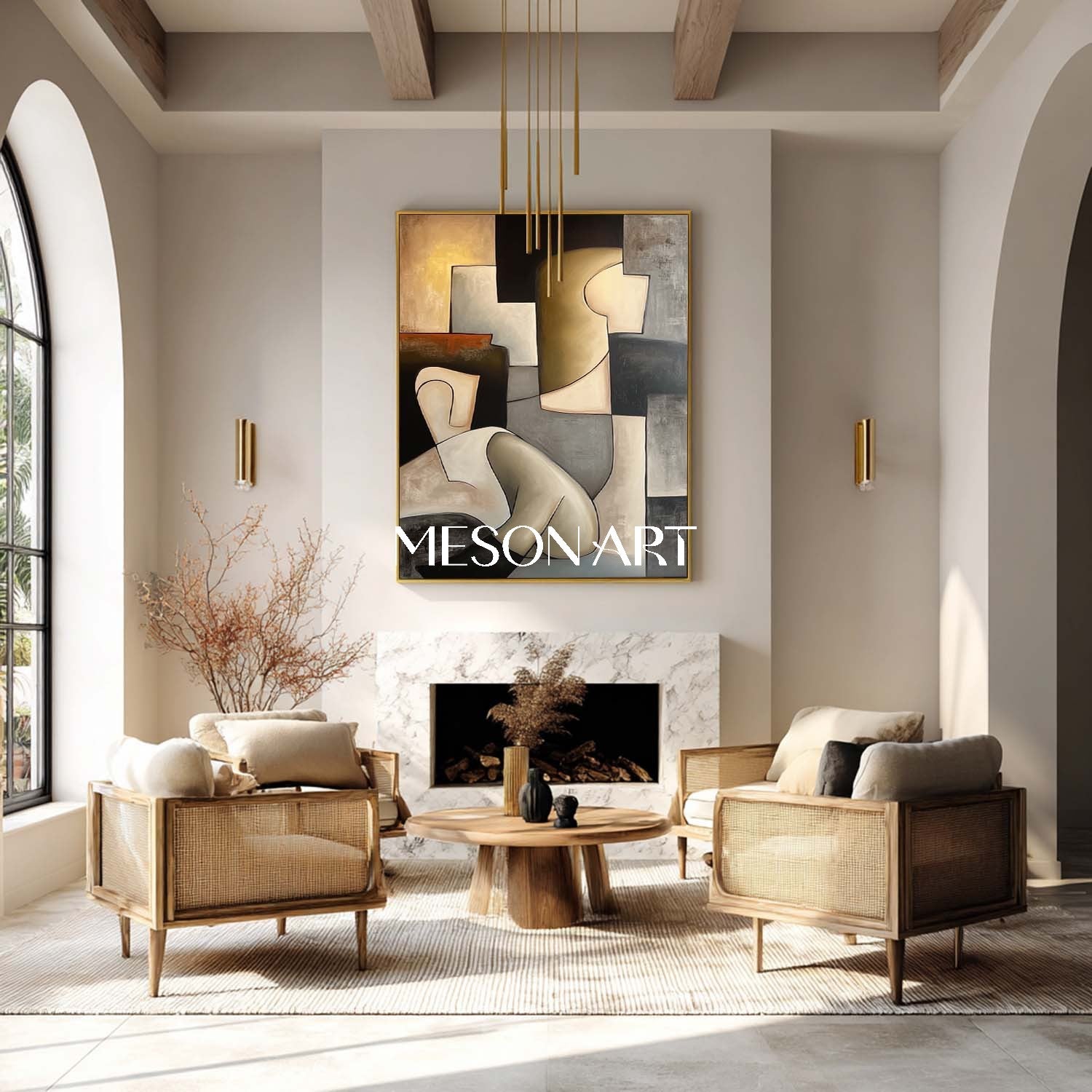 Large Picasso Style Cubist Oil Painting Black Gold Wall Art Bathroom