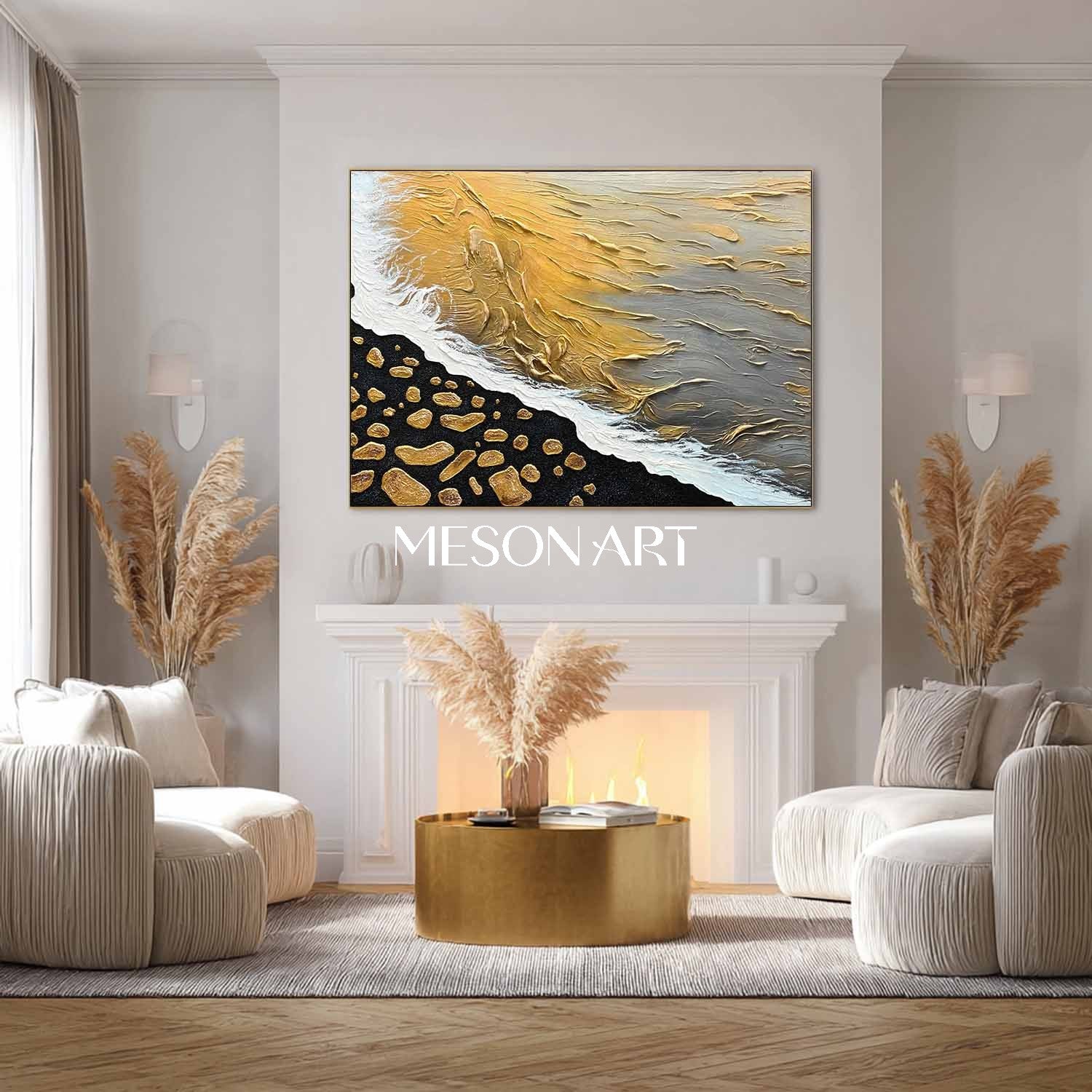 Gold and Black Wave and Beach Textured Canvas Art, Wave and Beach Texture Painting