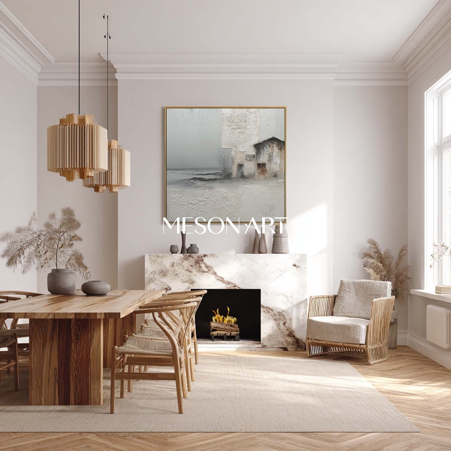 3D Light Grey Canvas Landscape Wall Painting Wabi-Sabi Abstract Painting