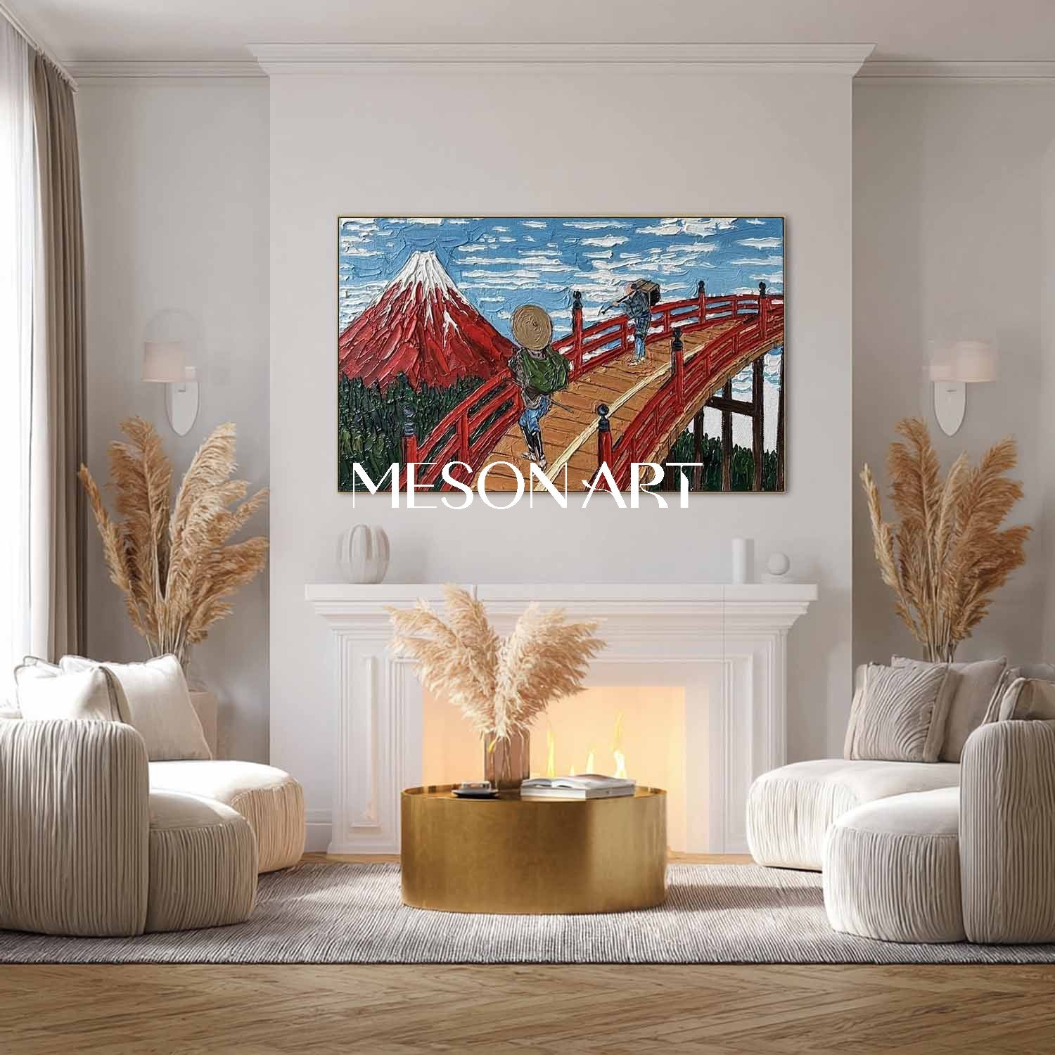 Red Mt Fuji & Japanese Bridge Art - 3D Textured Panoramic Oil Painting