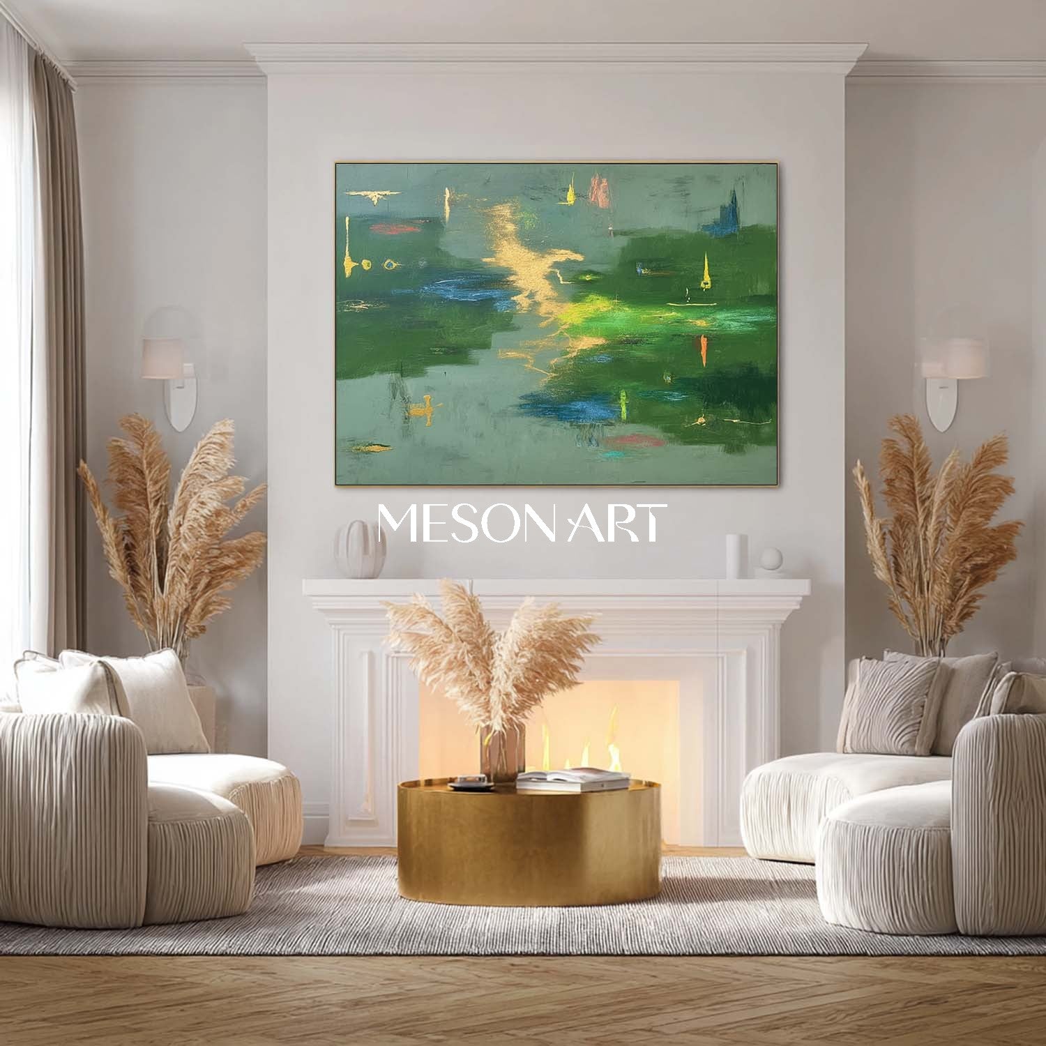 Large Abstract Green Painting Contemporary Colorful Wall Art Entryway