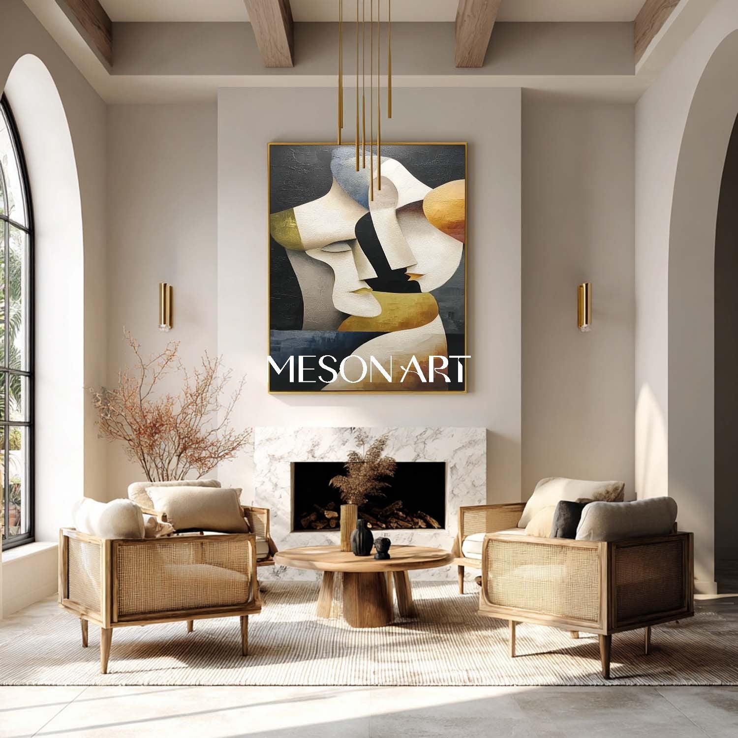 Original Vertical Luxury Cubist Couple Black Gold Hand-Painted Canvas