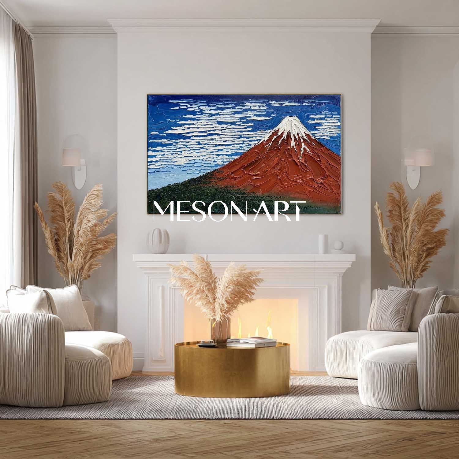 MesonArt 3D Textured Red Mountain Oil Painting - Impasto Landscape Wall Art