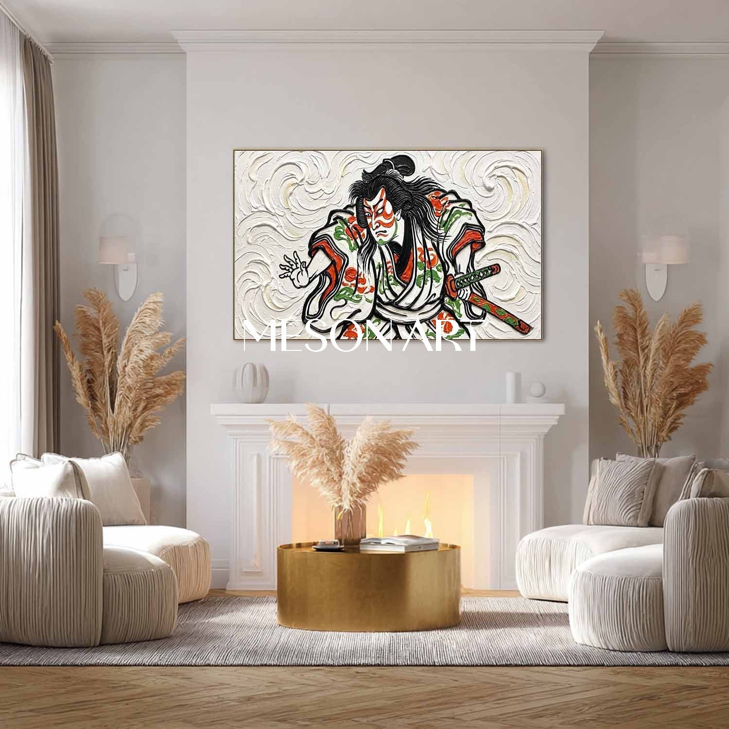 Handmade 3D Textured Kabuki Warrior Oil Painting On Canvas, Heavy Impasto Plaster Japanese Samurai Wall Art For Living Room