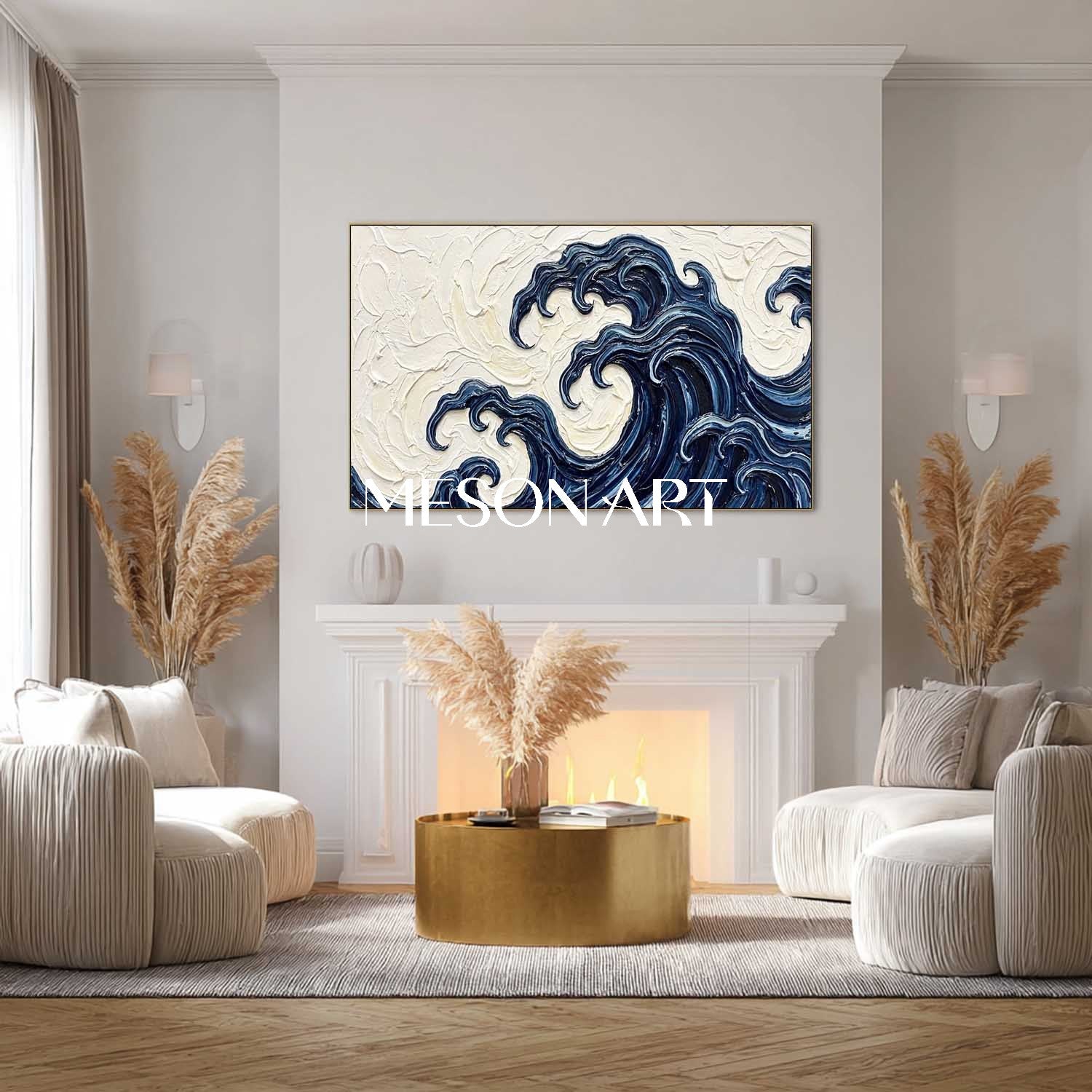 Large 3D Textured Great Wave Oil Painting On Canvas | Abstract Blue Ocean Impasto Wall Art | Handmade Hokusai Style Plaster Coastal Decor For Living Room | MesonArt