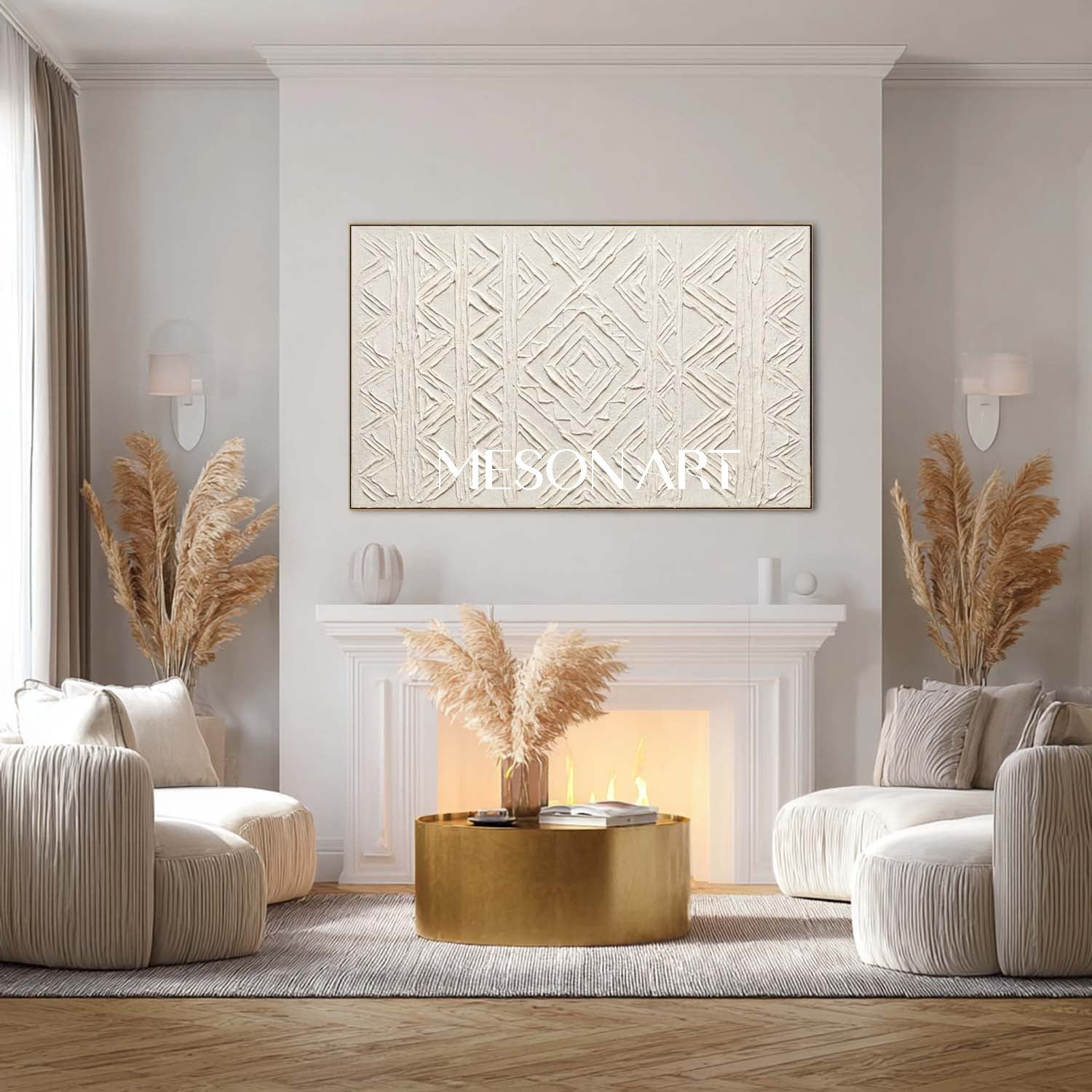 Panoramic White Tribal Geometric Art | 3D Boho Mudcloth Texture