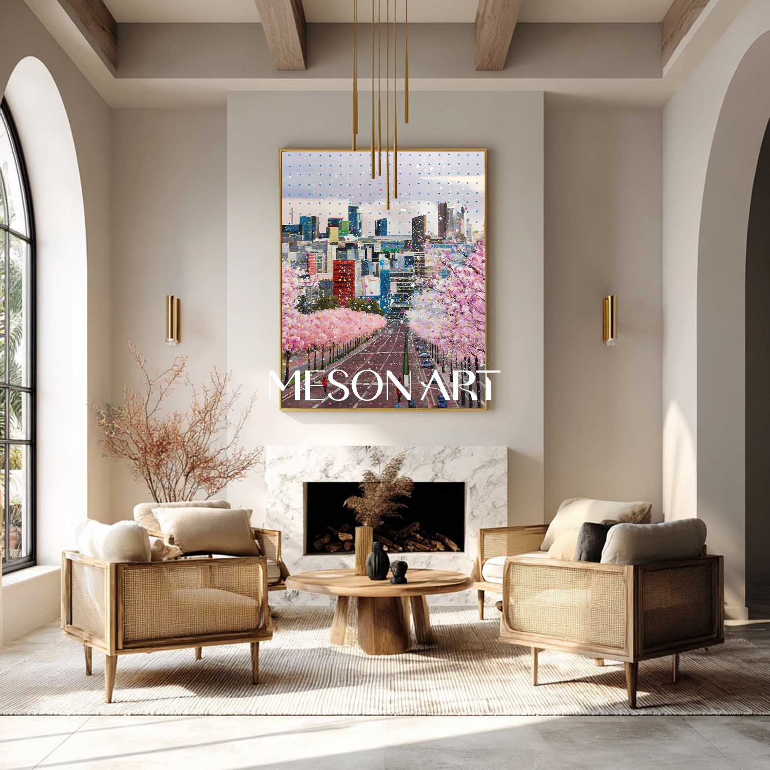 Sakura City Street Canvas Painting Contemporary Cherry Blossom Urban Wall Art