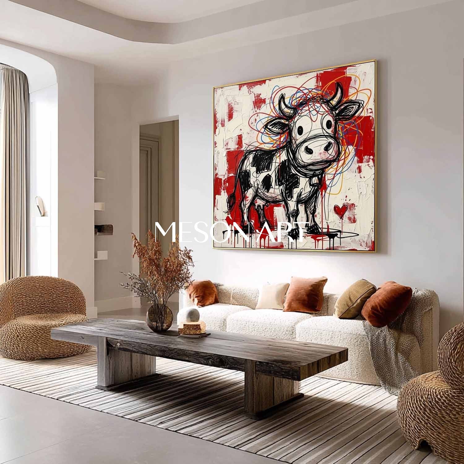 Square Hand-Painted Graffiti Cow Canvas Art | 3D Textured Pop Art | MESONART