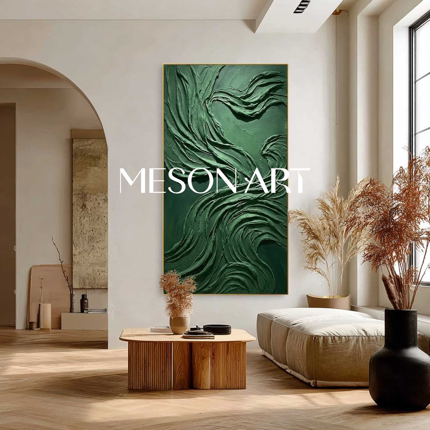 Minimalist Green Interior Decor Dark Green Wall Art Heavy Texture Painting