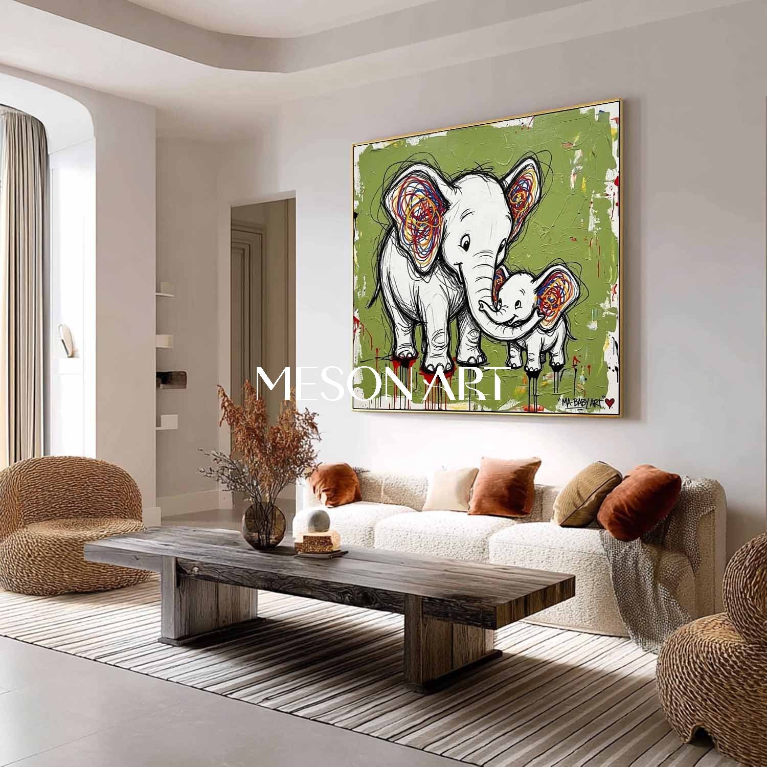 Avocado Green Elephant Canvas Painting Abstract Elephant Graffiti Art for Sale