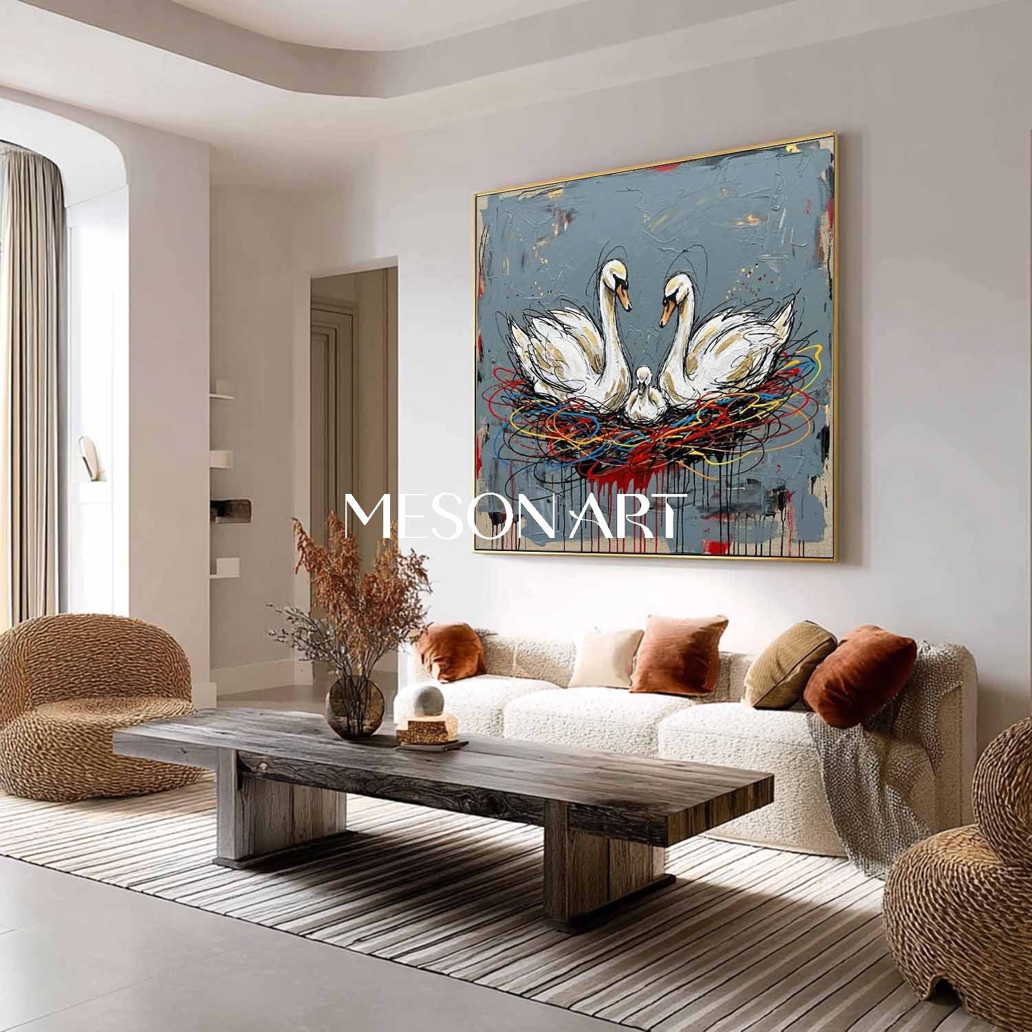 White Swan Family In Colorful Nest Contemporary Expressionist Large Artwork, Symbolic Painting Of Family Unity, Modern Textured Canvas, Statement Piece For Entryway, Oversized Framed Art