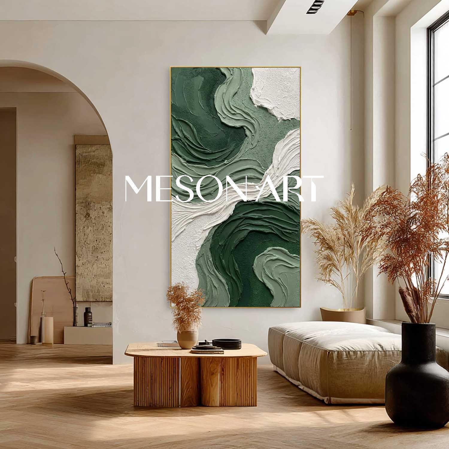 Large 3D Green Decorative Wall Art Abstract Green Textured Painting In The Dining Room.