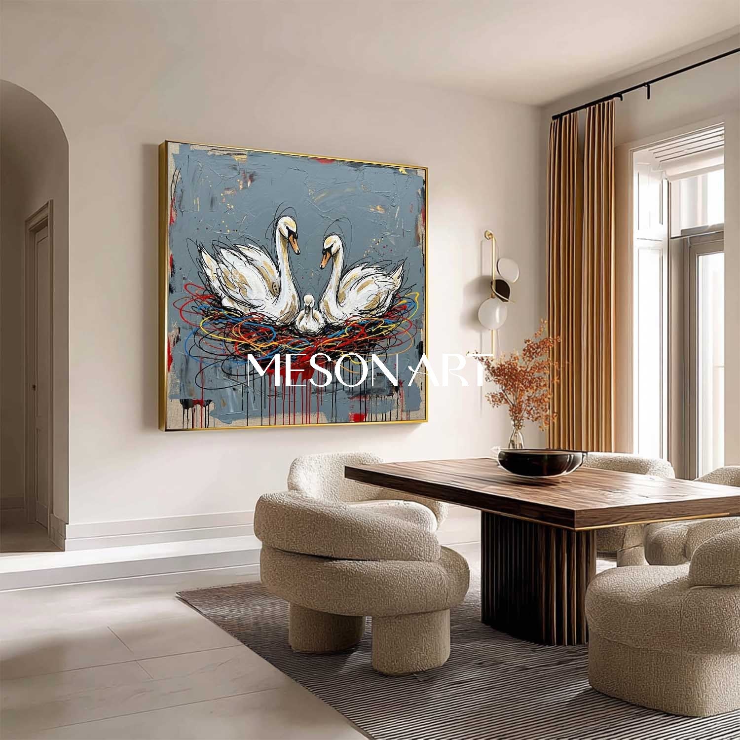 White Swan Family In Colorful Nest Contemporary Expressionist Large Artwork, Symbolic Painting Of Family Unity, Modern Textured Canvas, Statement Piece For Entryway, Oversized Framed Art