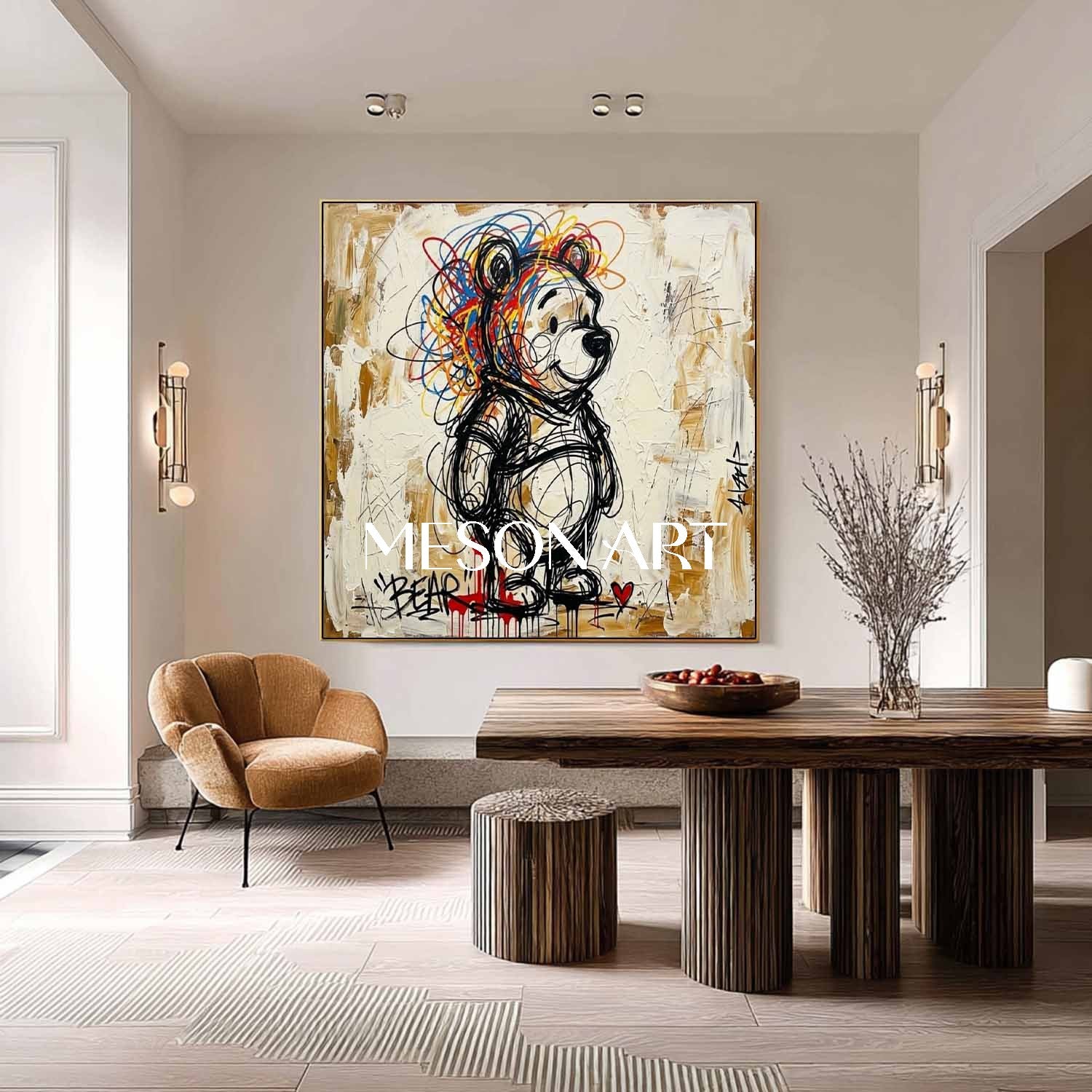 Square Hand-Painted Graffiti Bear Canvas Art | Textured Pop Art Bear | MESONART