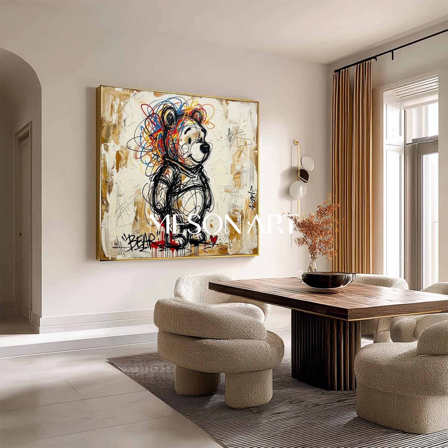 Square Hand-Painted Graffiti Bear Canvas Art | Textured Pop Art Bear | MESONART