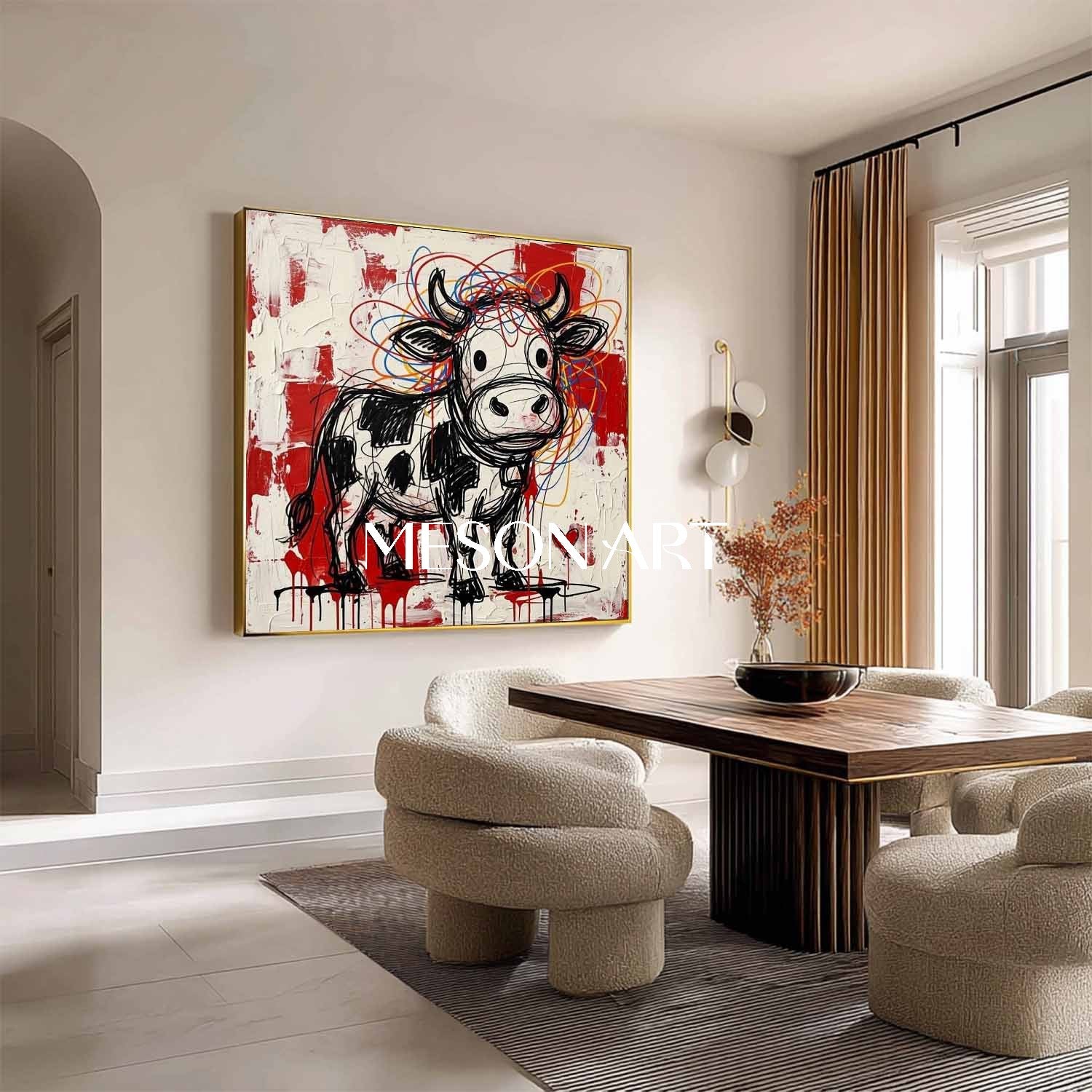 Square Hand-Painted Graffiti Cow Canvas Art | 3D Textured Pop Art | MESONART