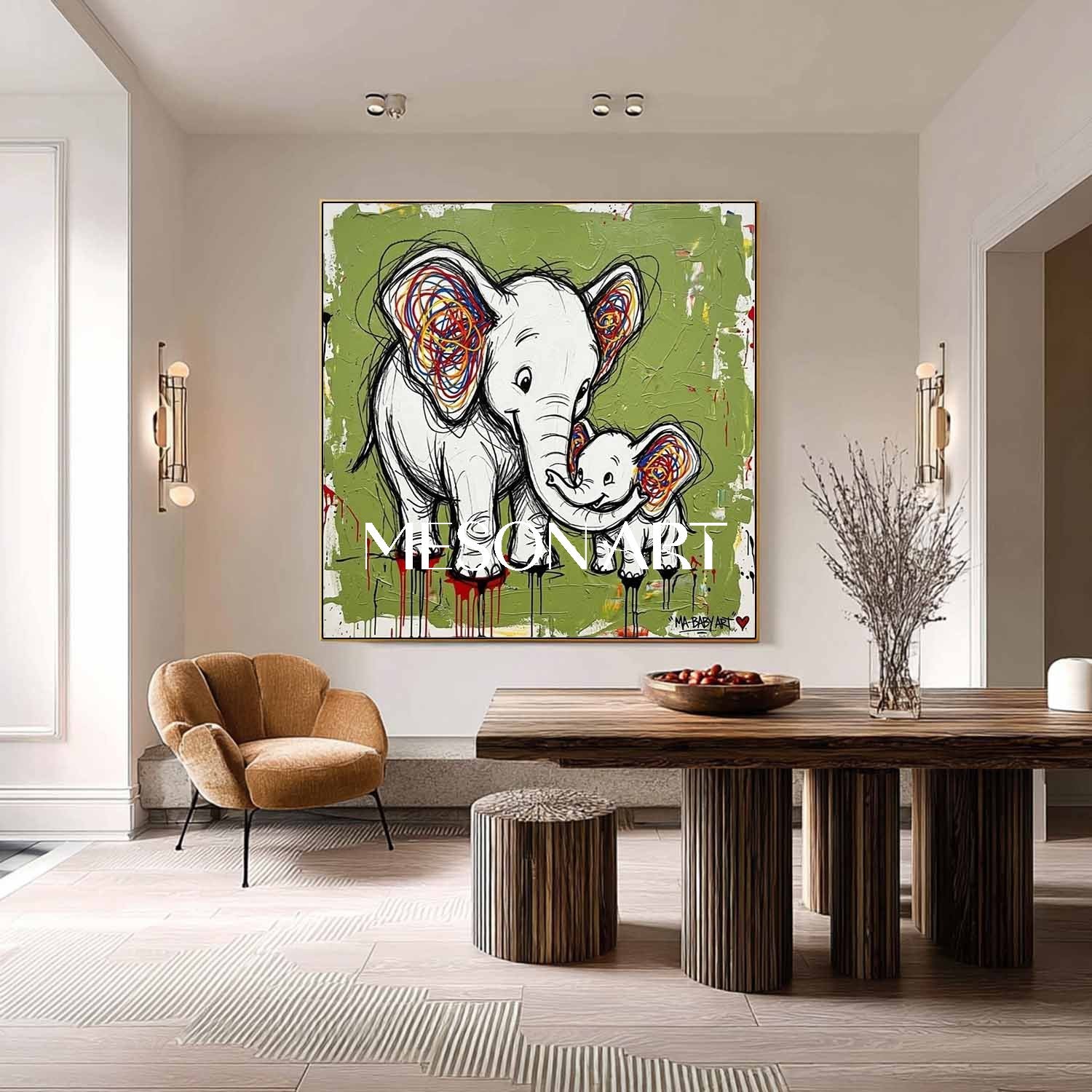 Avocado Green Elephant Canvas Painting Abstract Elephant Graffiti Art for Sale