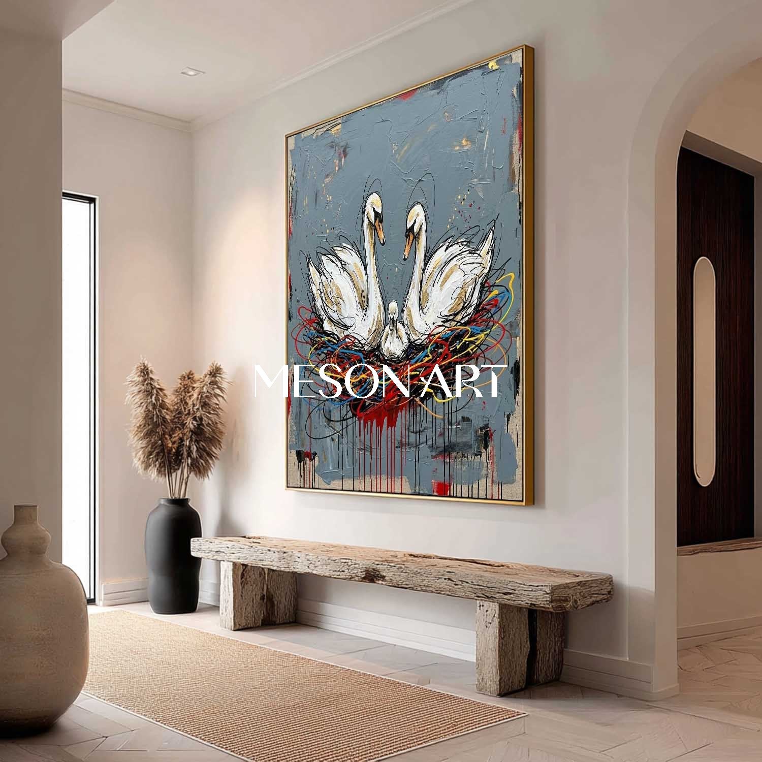 White Swan Family In Colorful Nest Contemporary Expressionist Large Artwork, Symbolic Painting Of Family Unity, Modern Textured Canvas, Statement Piece For Entryway, Oversized Framed Art