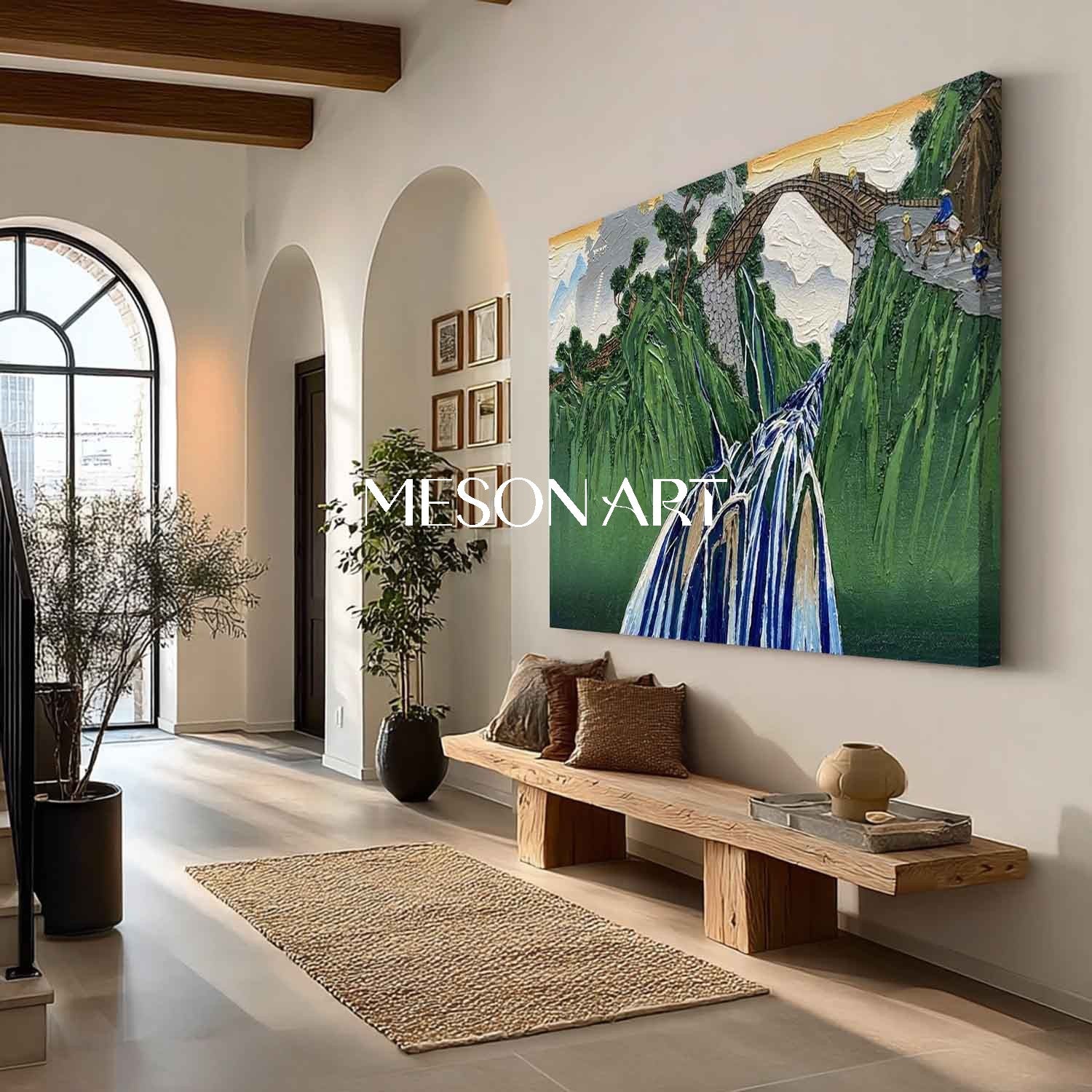 MesonArt 3D Textured Green Mountain & Bridge Oil Painting - Impasto Waterfall Landscape Wall Art