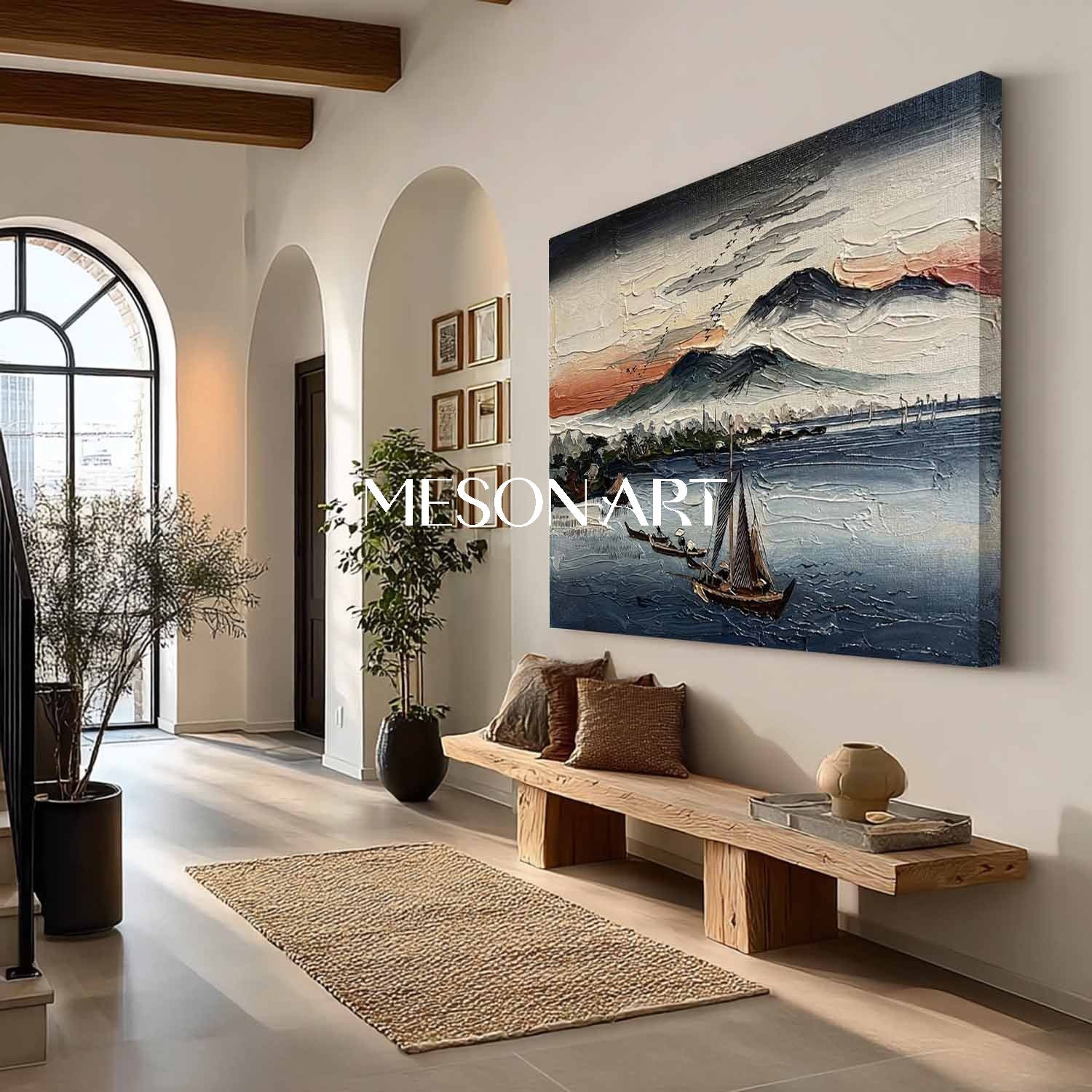 Textured Asian Seascape - 3D Impasto Sunset Boat Oil Painting