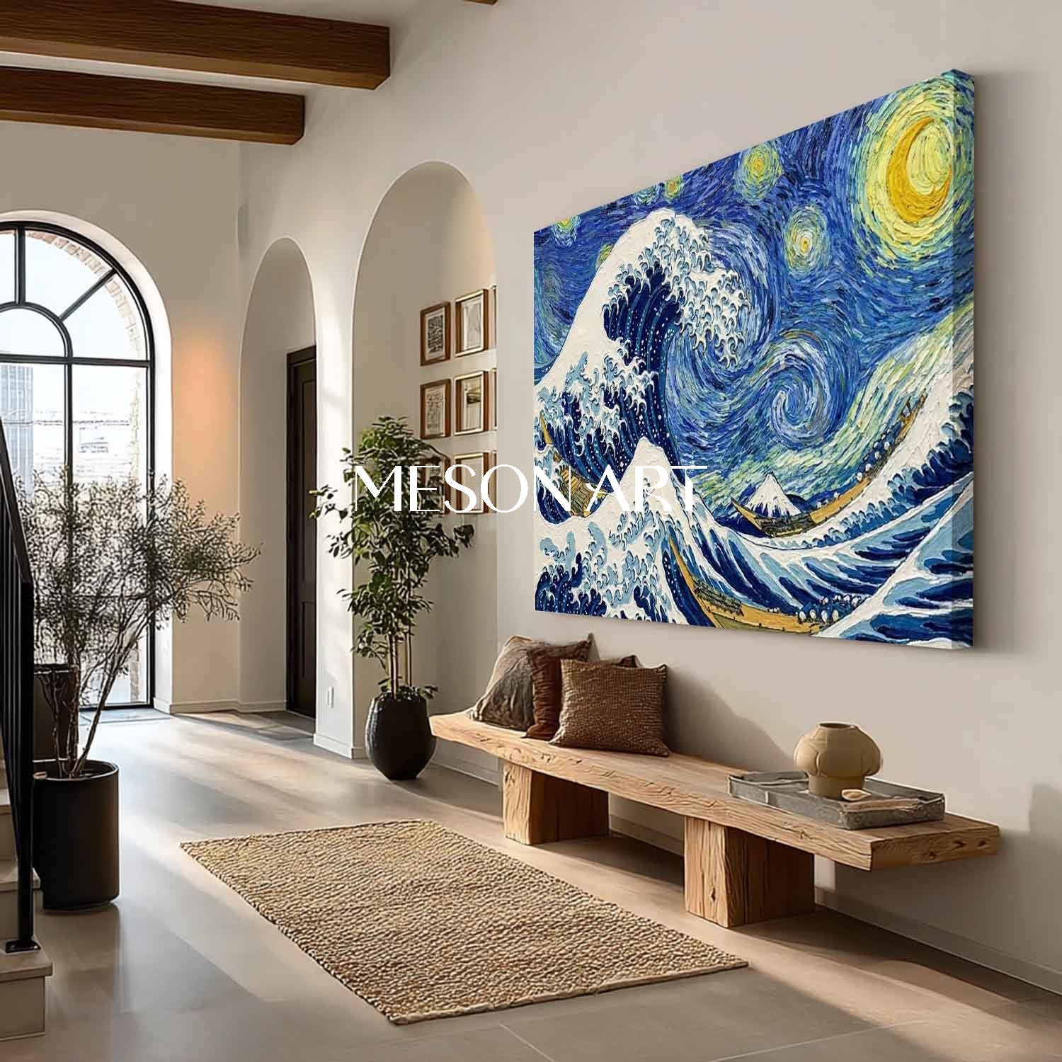 Ukiyo-e 3D Plaster Art, Hand Painted Heavy Texture Canvas, Japanese Wall Decor For Living Room
