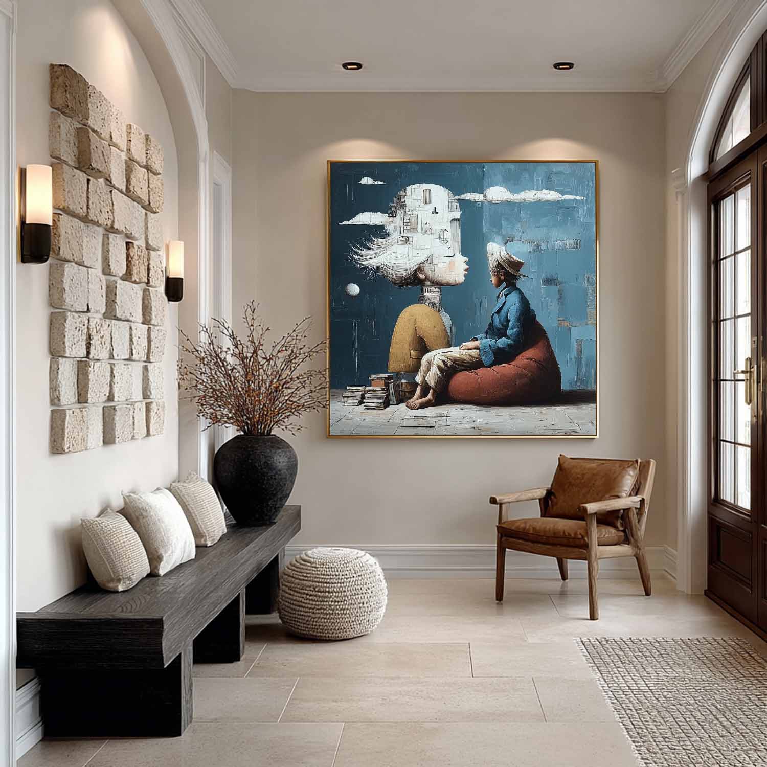 Books as Floor, Thoughts as Castles – Whimsical Surrealist Canvas by Mesonart