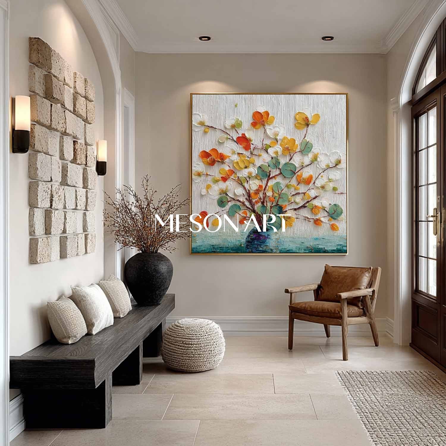 Soft Beige & White Floral Painting – Minimalist Art for Serene Homes | Mesonart