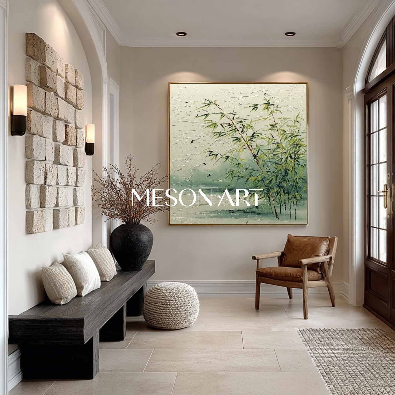 Neutral Bamboo Wall Art – Minimal Zen Landscape on Canvas | Mesonart
