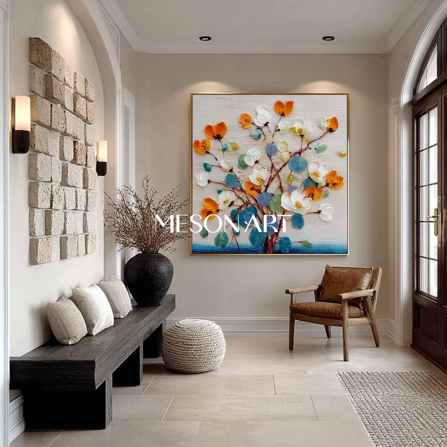 Hand-Painted Abstract Flower Painting on Canvas – Bedroom Wall Decor by Mesonart