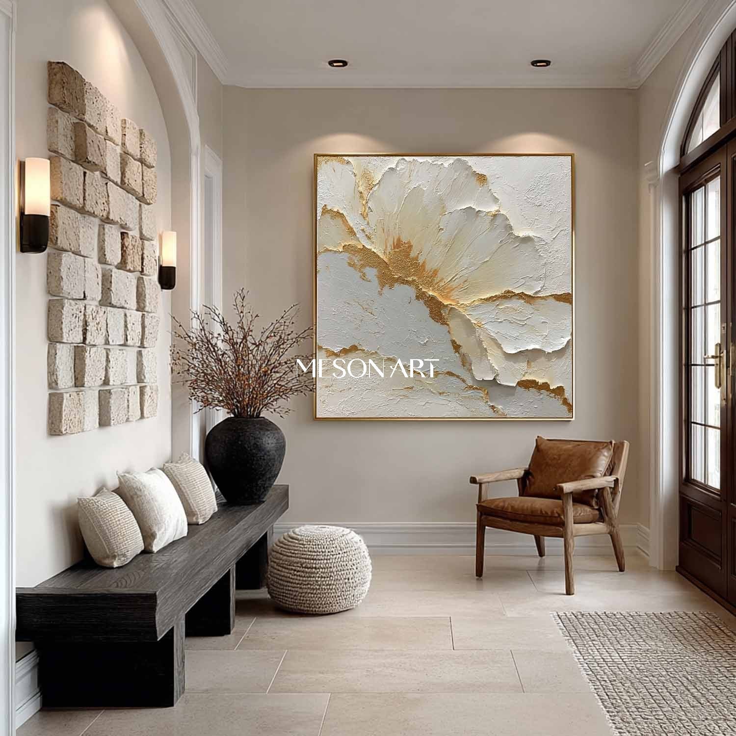 Large Gold and White Plaster Canvas Art Gold and White Flower Wall Art Decor Flower Texture Painting