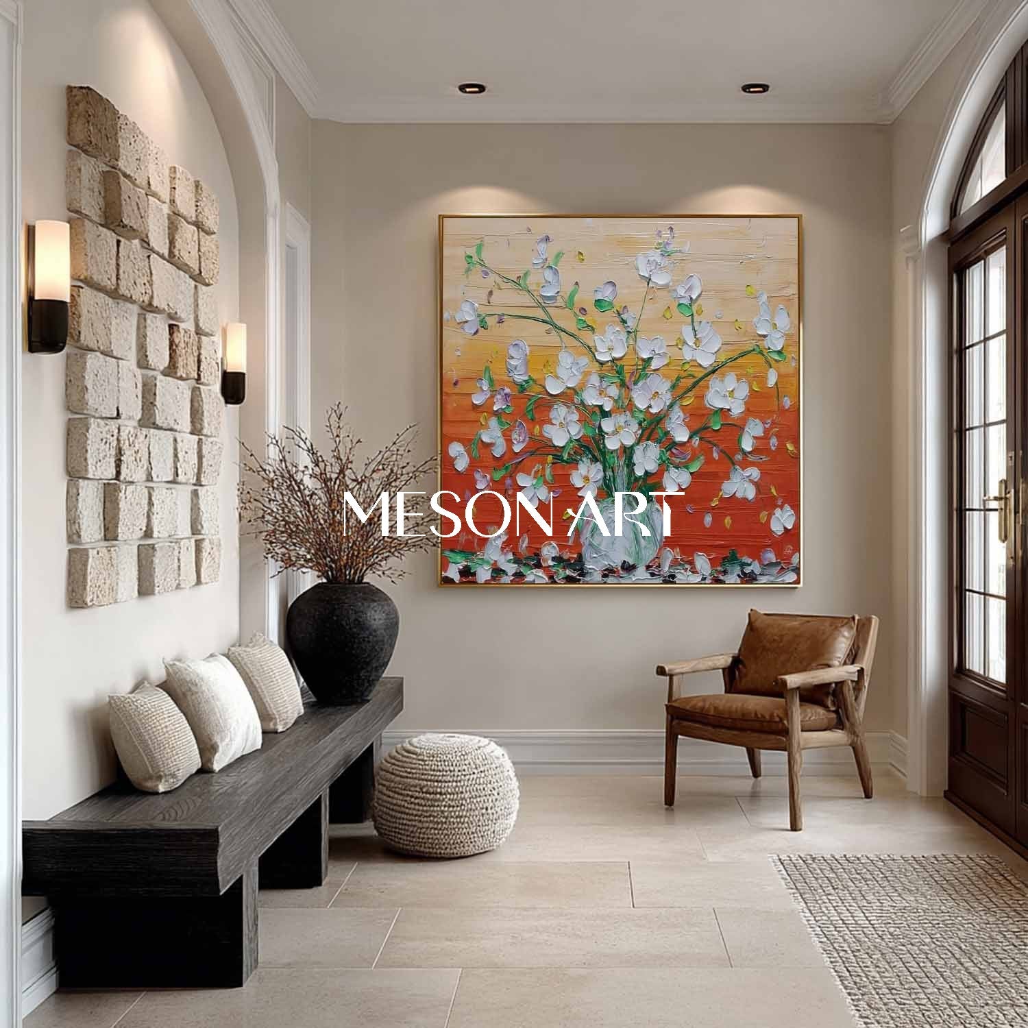 Hand-Painted Abstract Flower Painting on Canvas – Bedroom Wall Decor by Mesonart