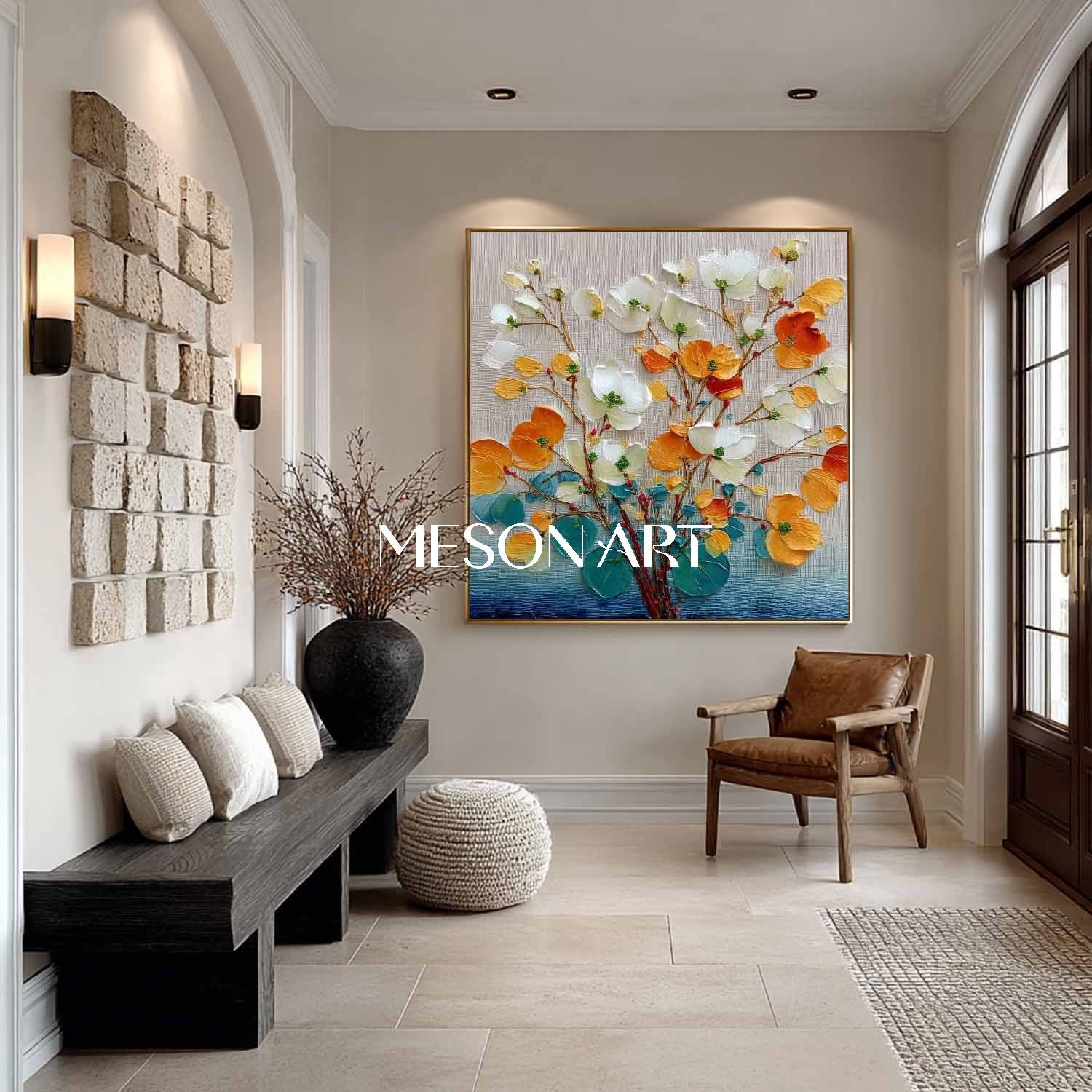 Contemporary Botanical Wall Art – Hand-Painted Flower Canvas |Mesonart