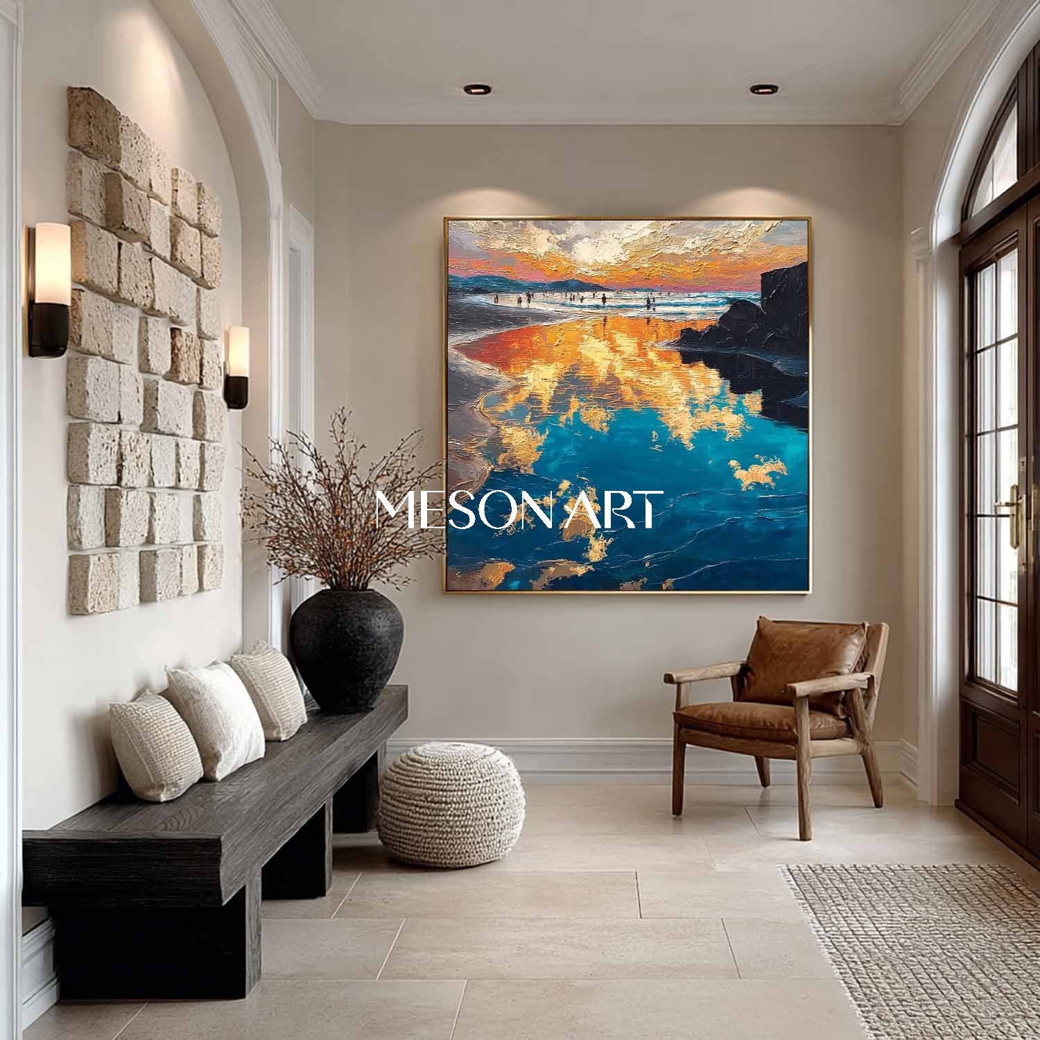 Seaside Holiday Painting Yellow and Gold Coastal Landscape Art Beach Art for Living Room