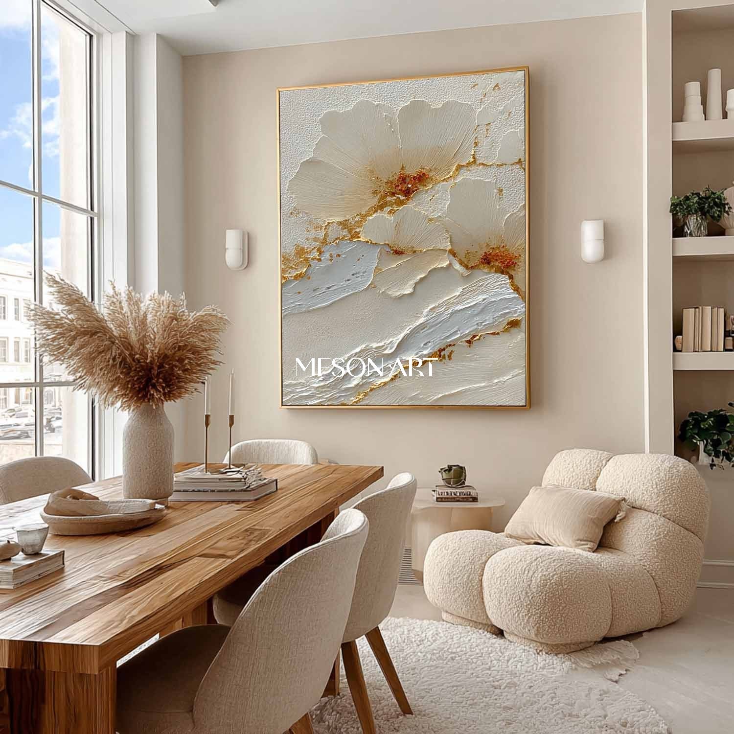 Gold and white flowers plaster art white flowers wall art decor Flowers texture canvas painting