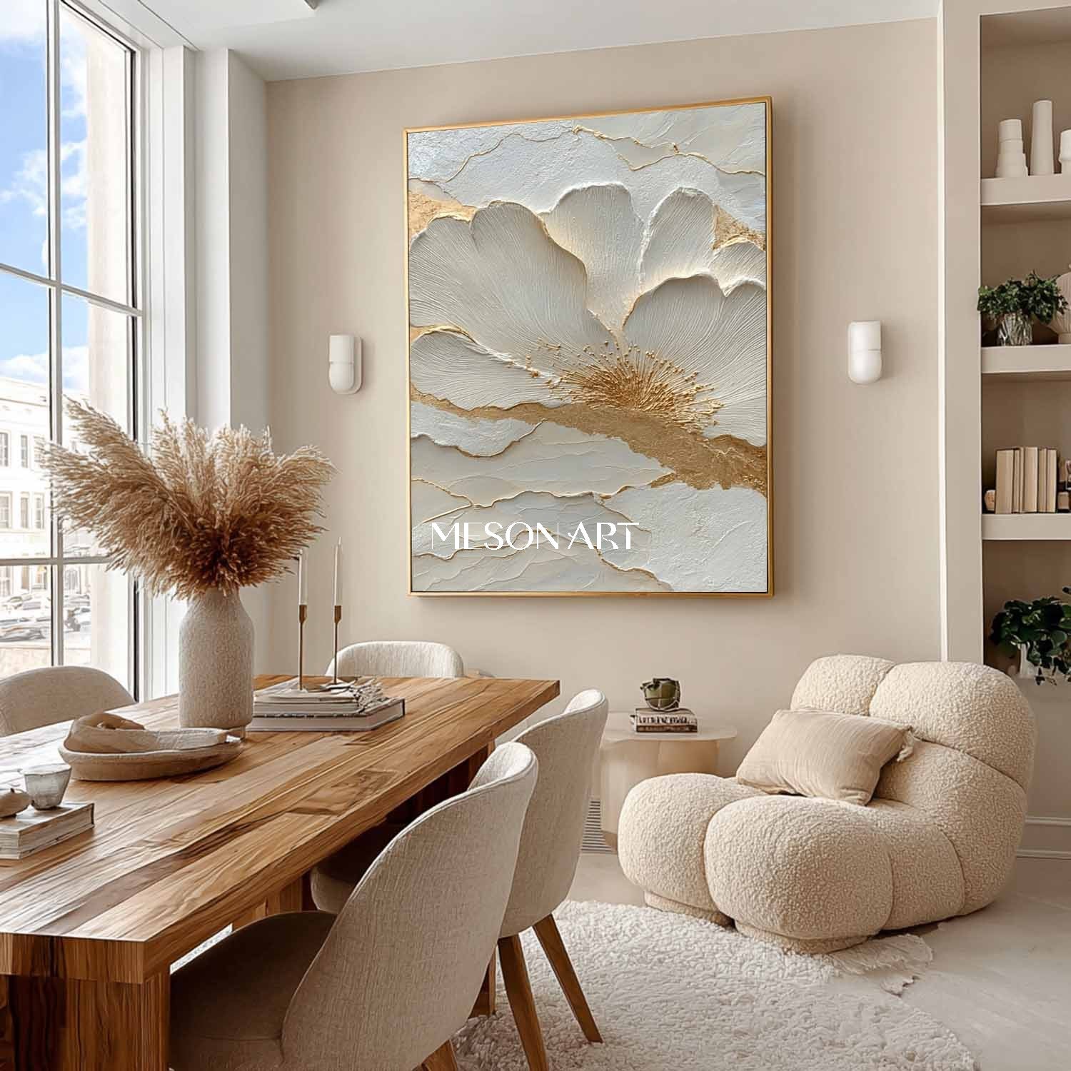White Flower Art Decoration Gold and White Flowers Plaster Art Canvas Flower Texture Wall Painting
