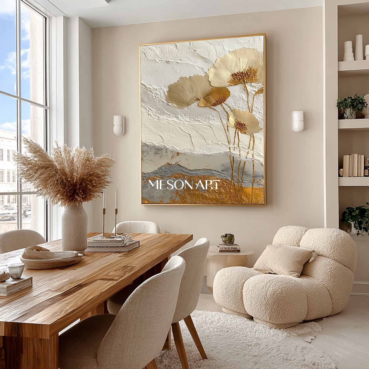Golden Flower Art Decoration Gold and White Flowers Plaster Art Canvas Flower Texture Wall Paintings