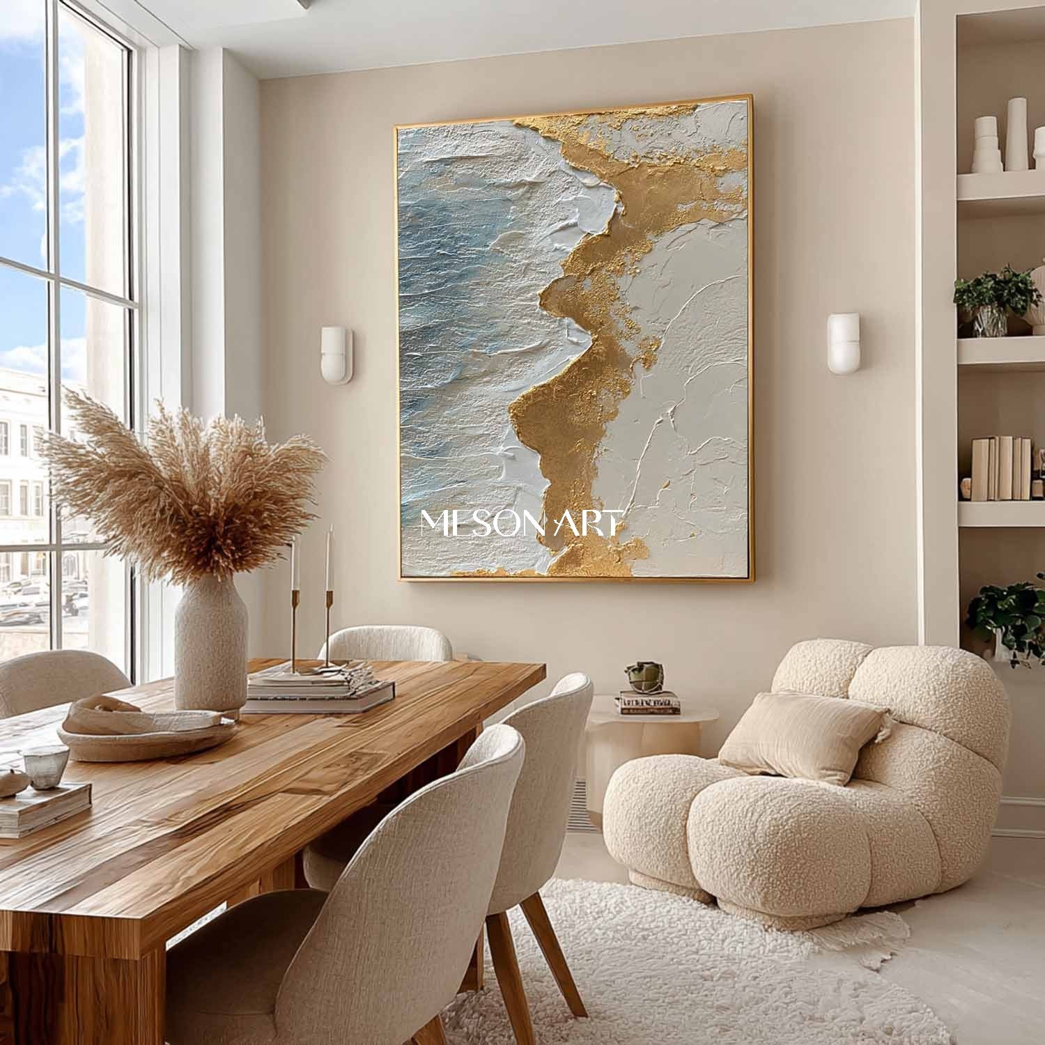 Gold and white ocean waves beach abstract canvas art Ocean waves wall painting decoration ideas