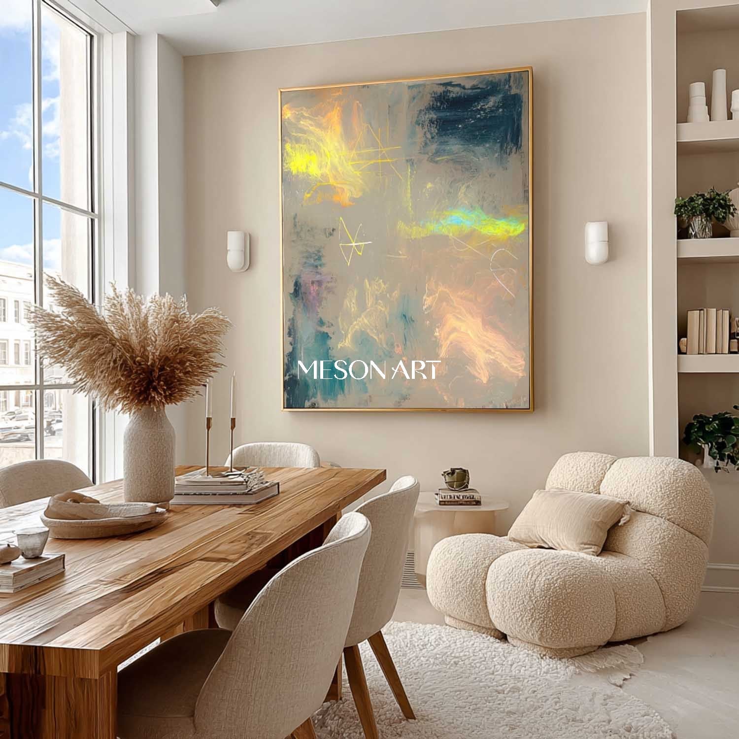 Large Gold and light blue abstract canvas art for sale modern wall art decor gold abstract art