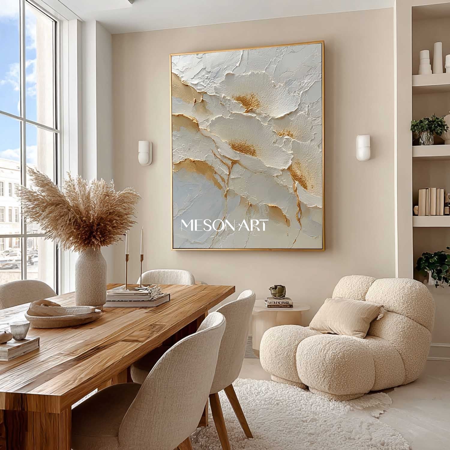 Gold and White Flowers Plaster Canvas Art Decoration White Flowers Wall Art Flowers Texture Painting