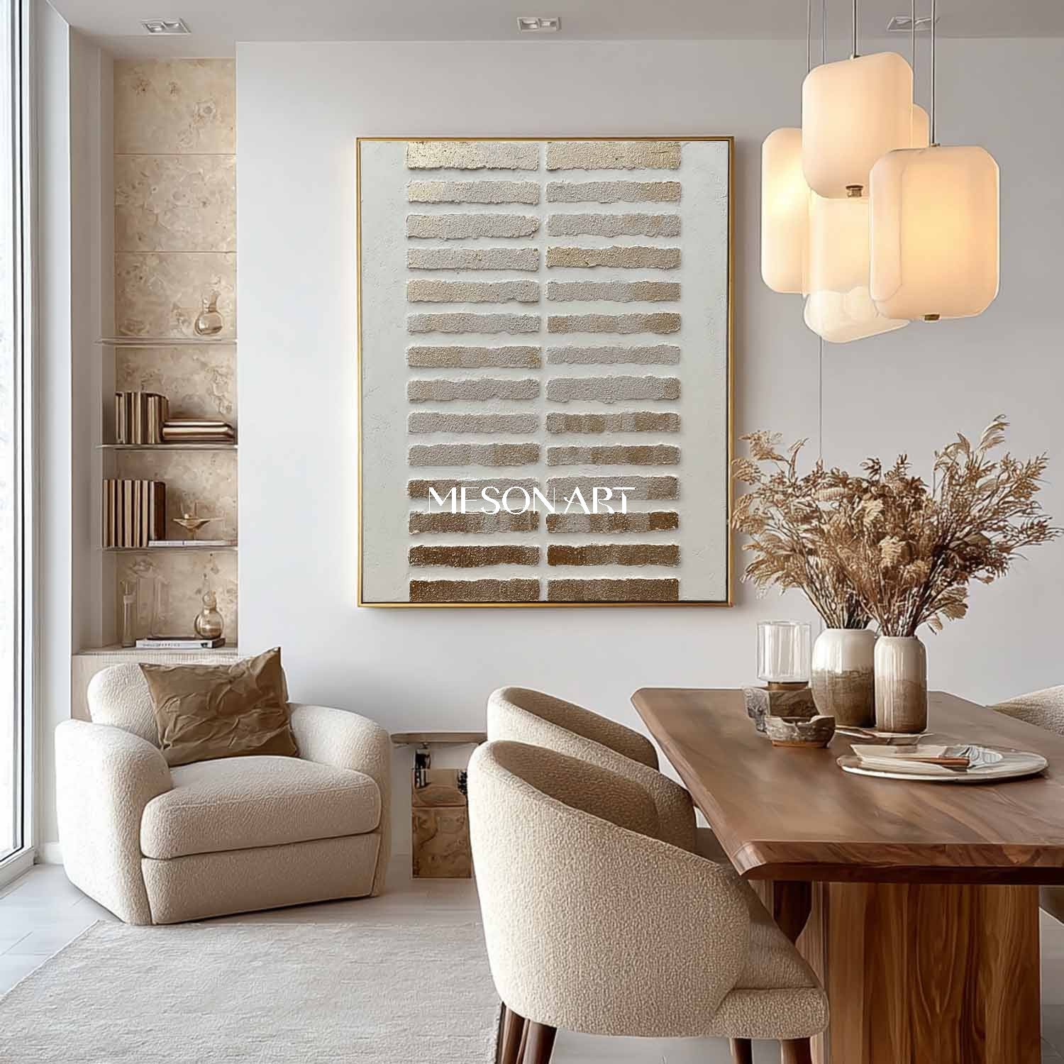 Golden rectangle abstract texture painting. Gold and white minimalist canvas wall art decoration