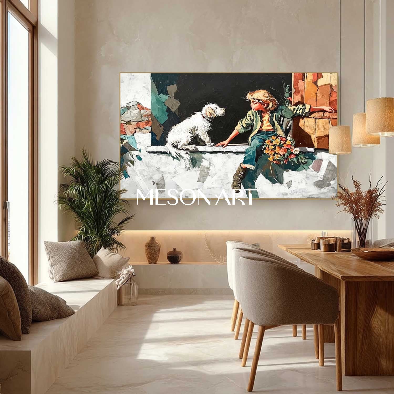 Surreal Blonde Boy and Dog – Dreamlike Stone Window Wall Art| Mesonart