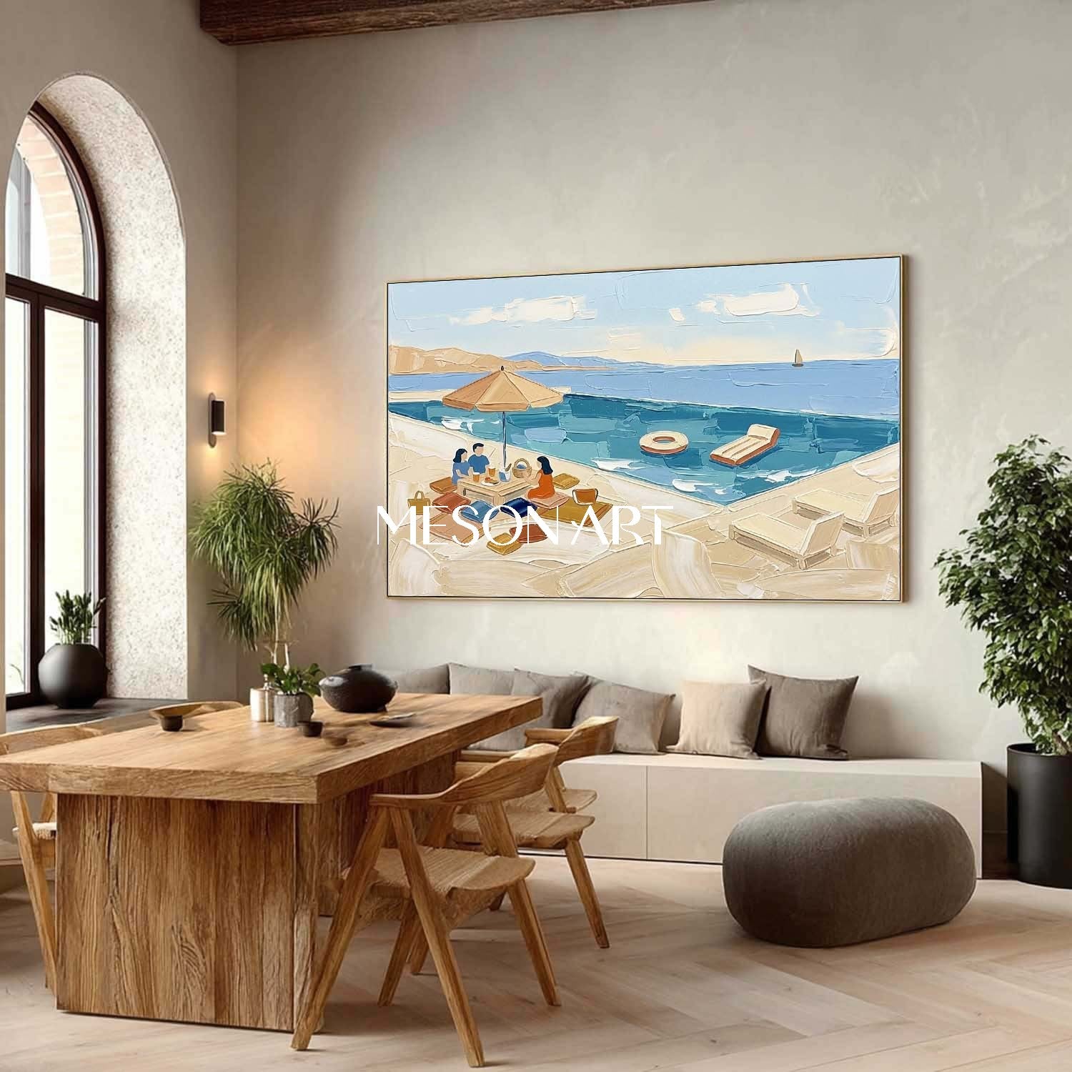 Coastal Pool Picnic Impasto Painting Textured Wall Art Summer Coastal Resort Living Room Bedroom Decor