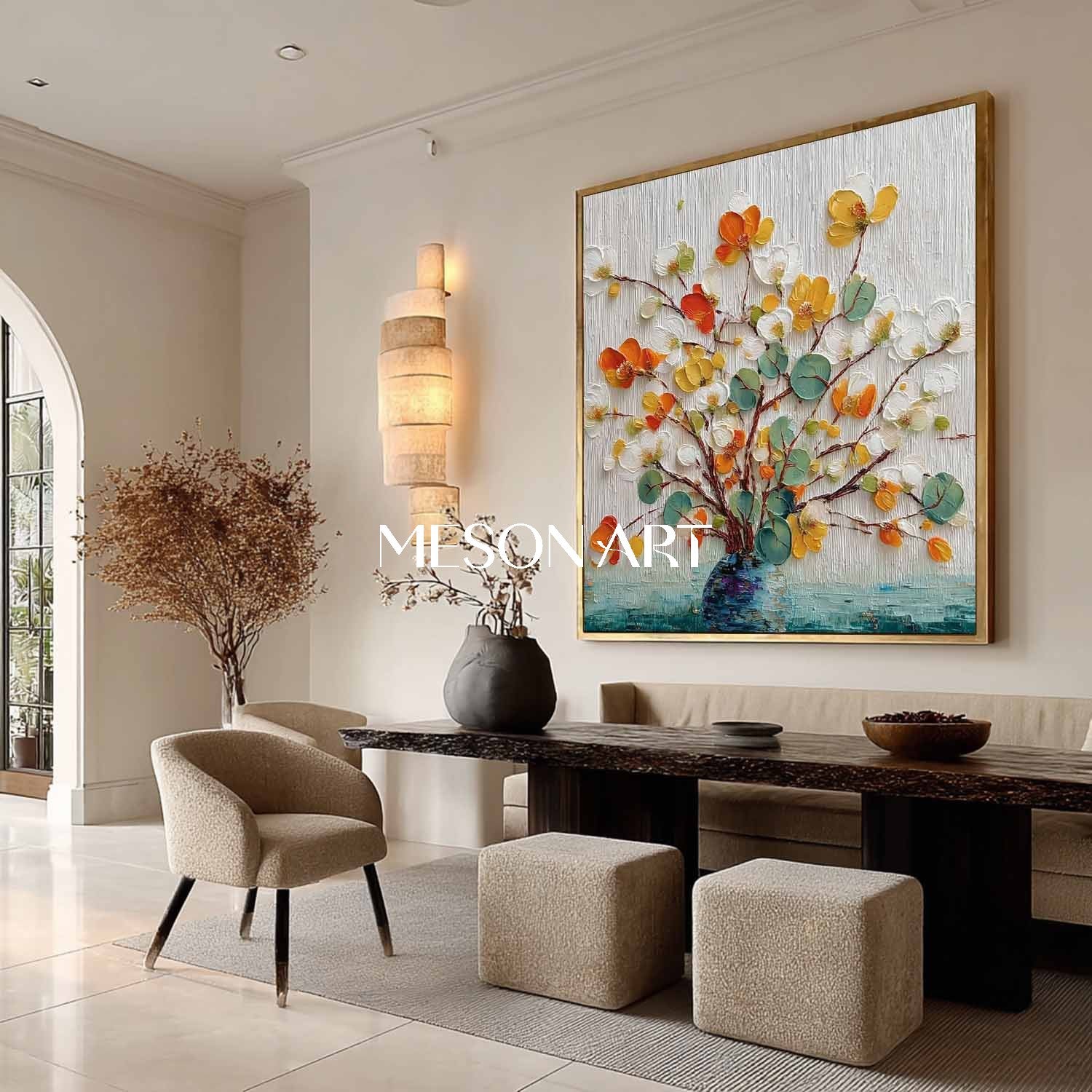 Soft Beige & White Floral Painting – Minimalist Art for Serene Homes | Mesonart