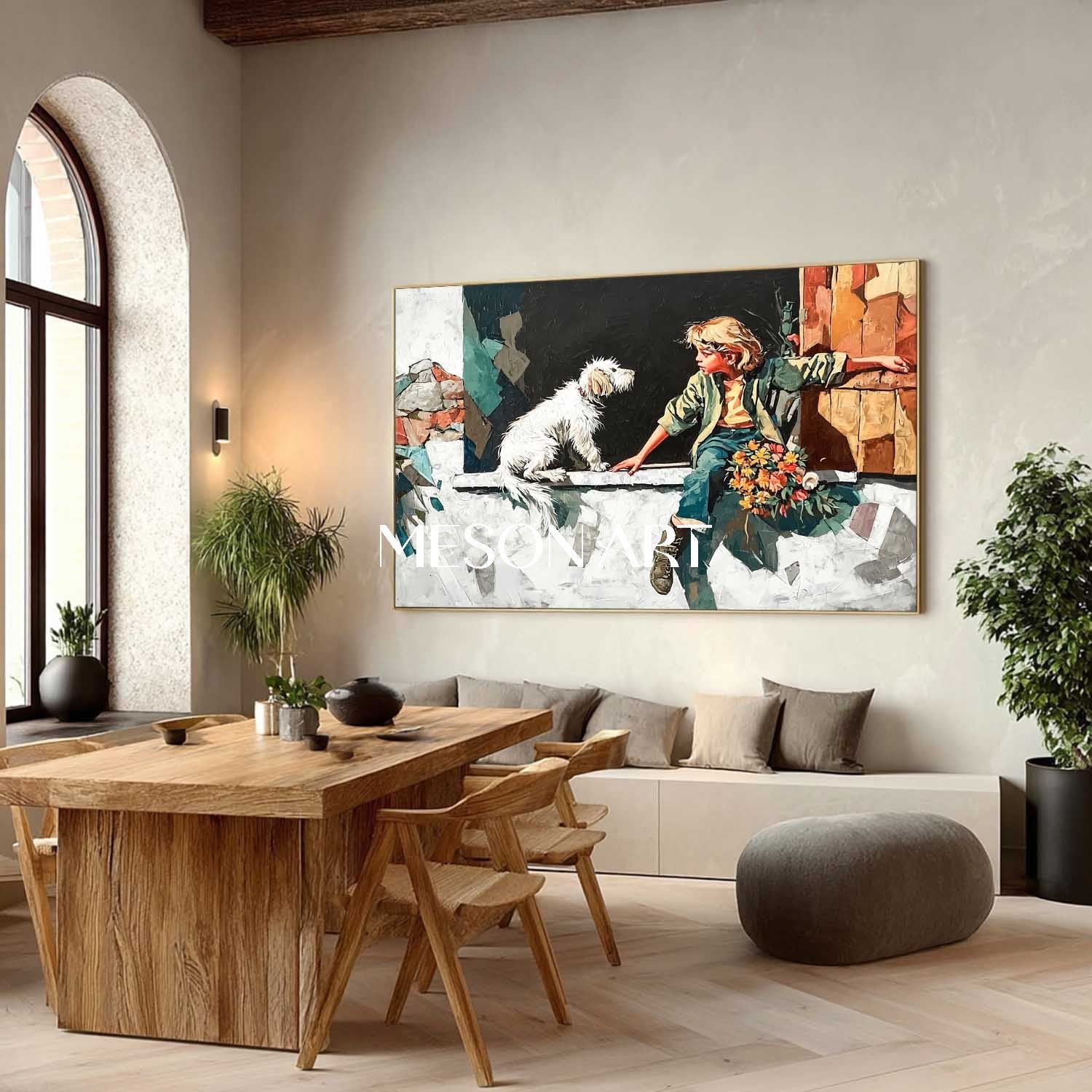 Surreal Blonde Boy and Dog – Dreamlike Stone Window Wall Art| Mesonart