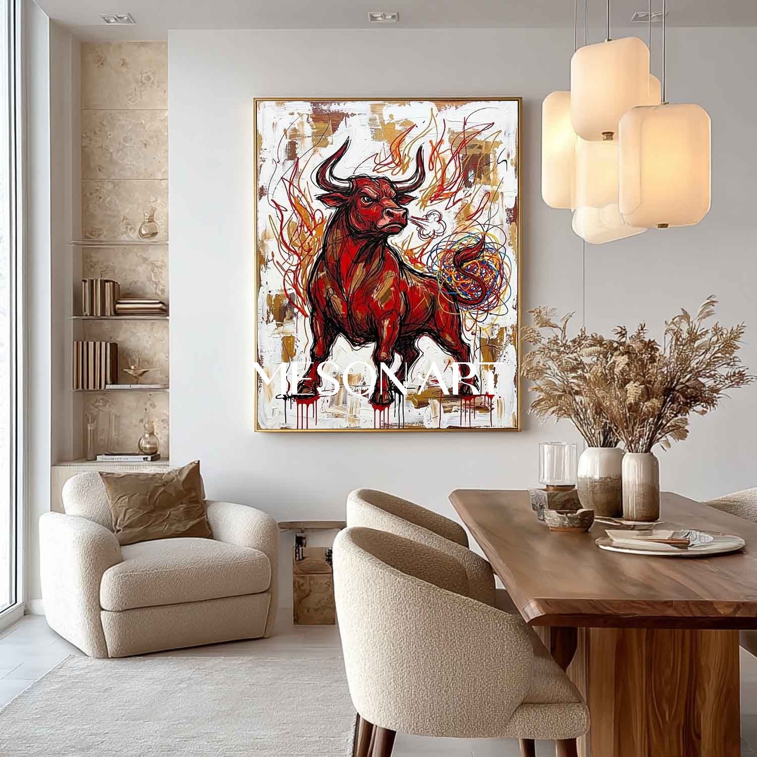 Angry Red Bull Heavily Textured Abstract Modern Oil Painting, Gold Framed Canvas Wall Art for Living Room and Office Decor.