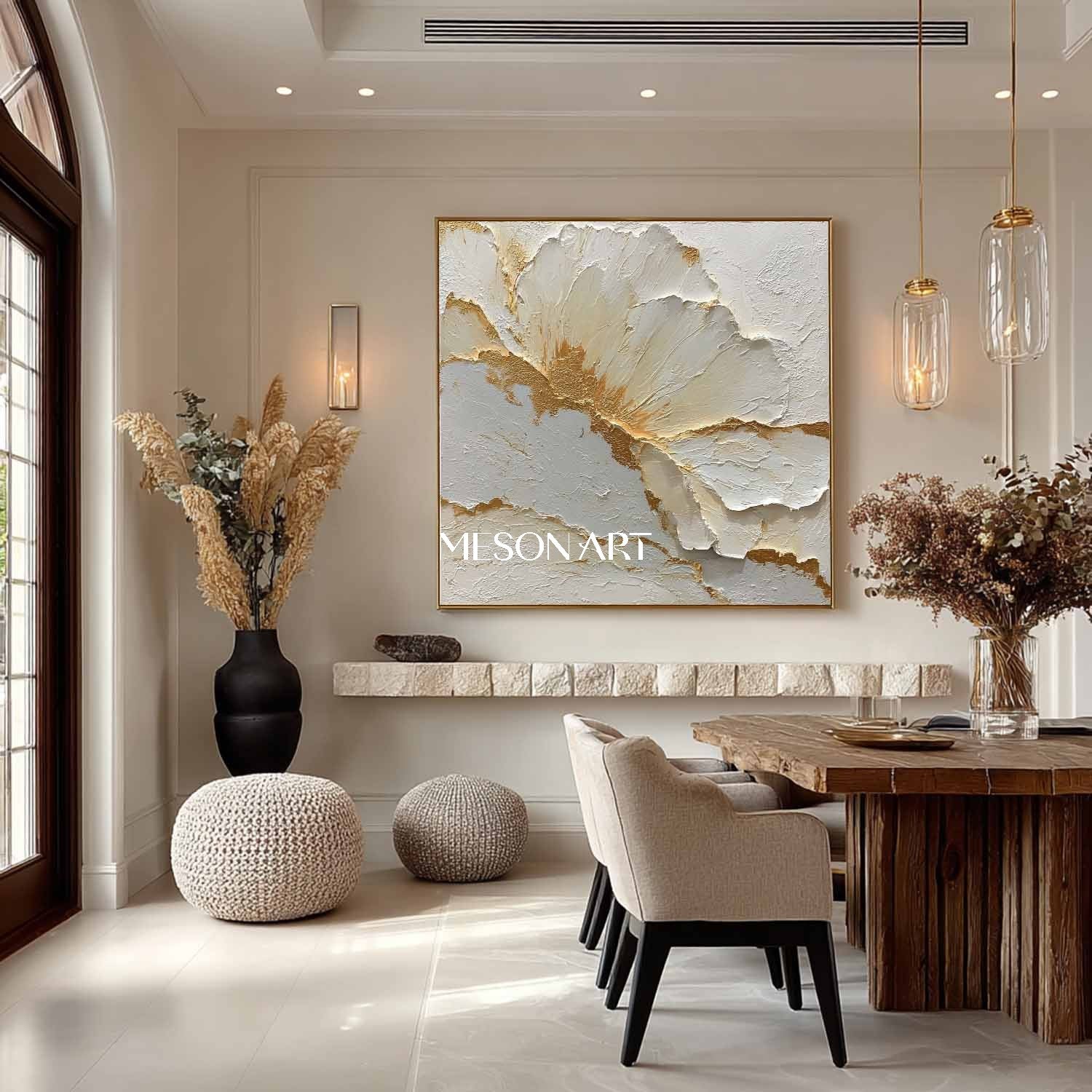 Large Gold and White Plaster Canvas Art Gold and White Flower Wall Art Decor Flower Texture Painting