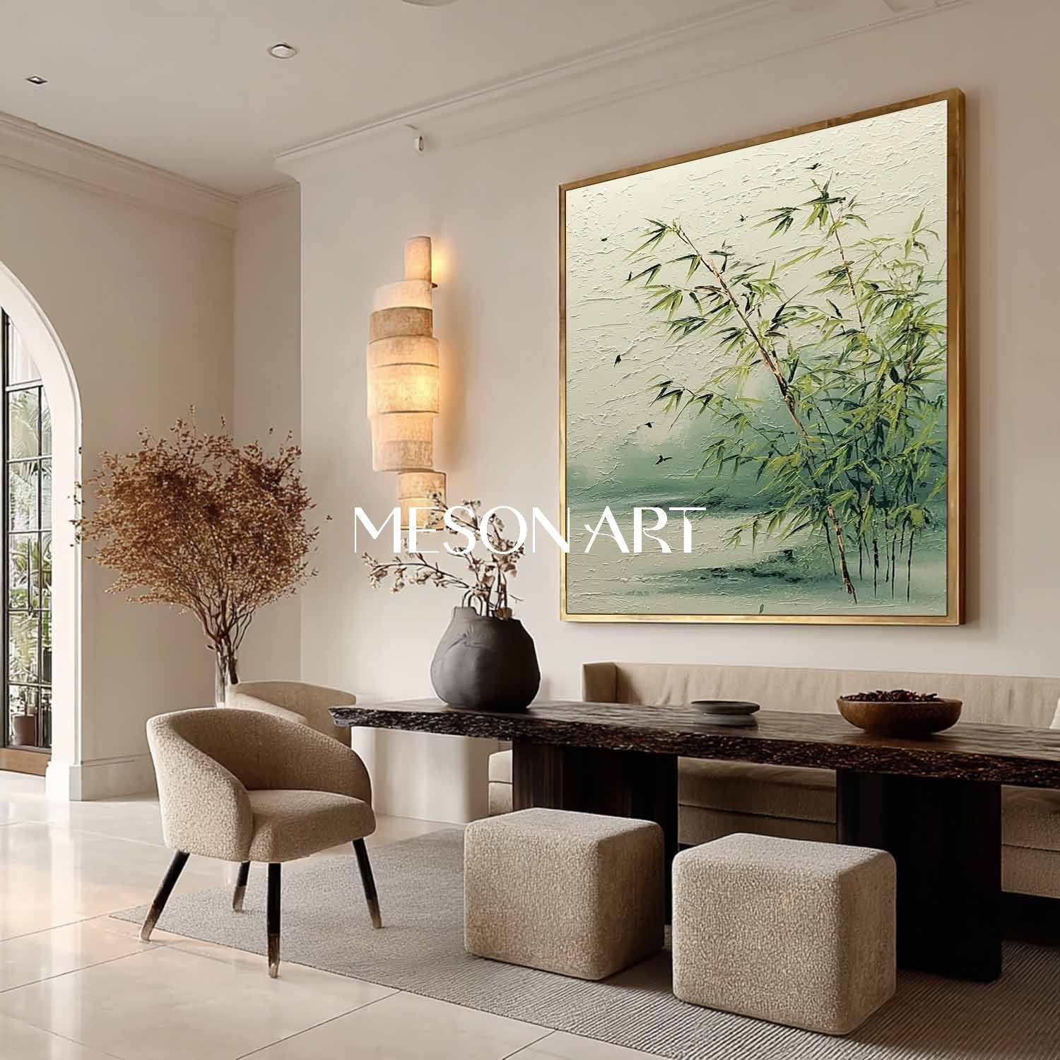 Neutral Bamboo Wall Art – Minimal Zen Landscape on Canvas | Mesonart
