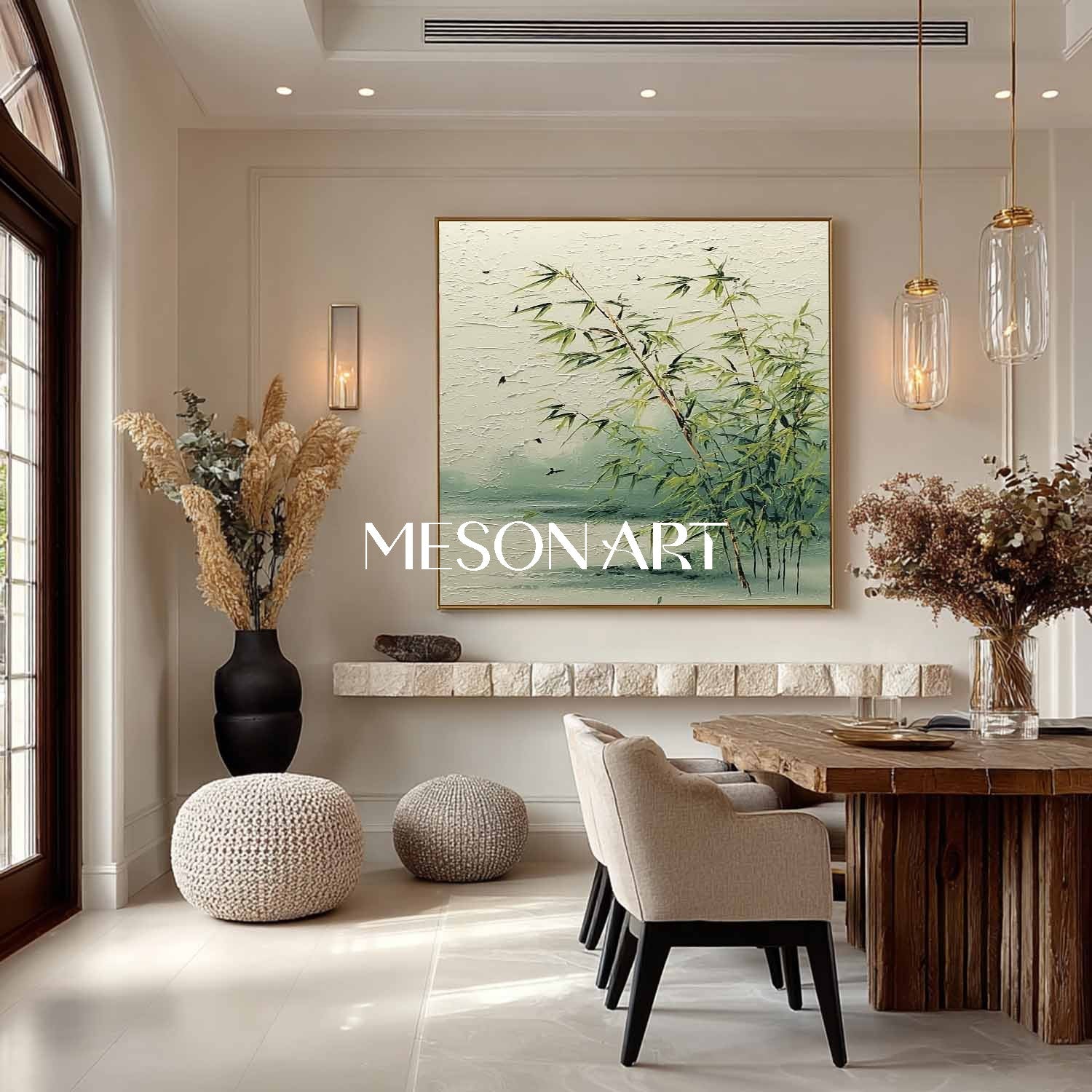 Neutral Bamboo Wall Art – Minimal Zen Landscape on Canvas | Mesonart