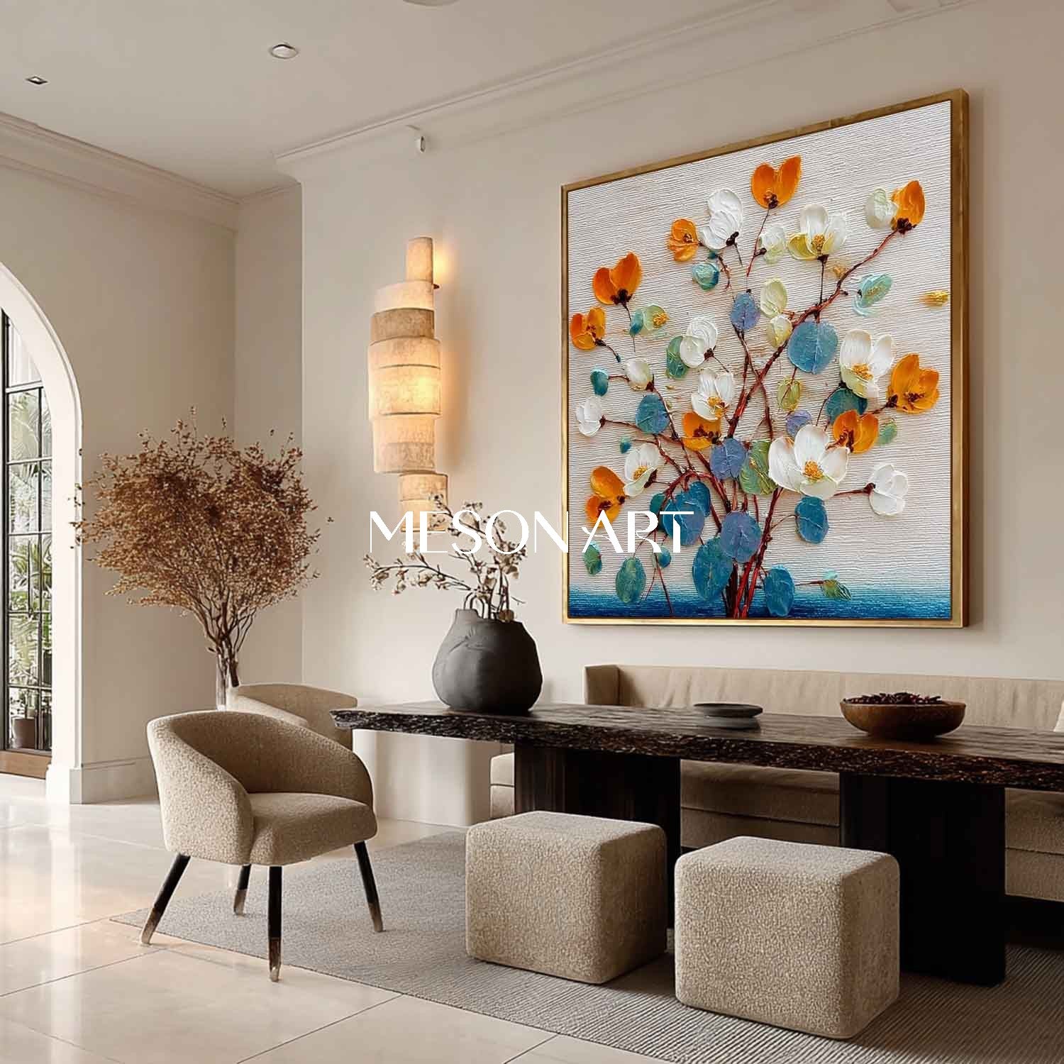 Hand-Painted Abstract Flower Painting on Canvas – Bedroom Wall Decor by Mesonart